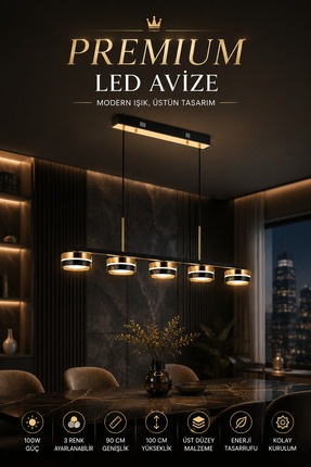 Elvora Home Modern (PREMİUM) LED Avize 3 Renk Gold Siyah Sarkıt Salon Yemek M...
