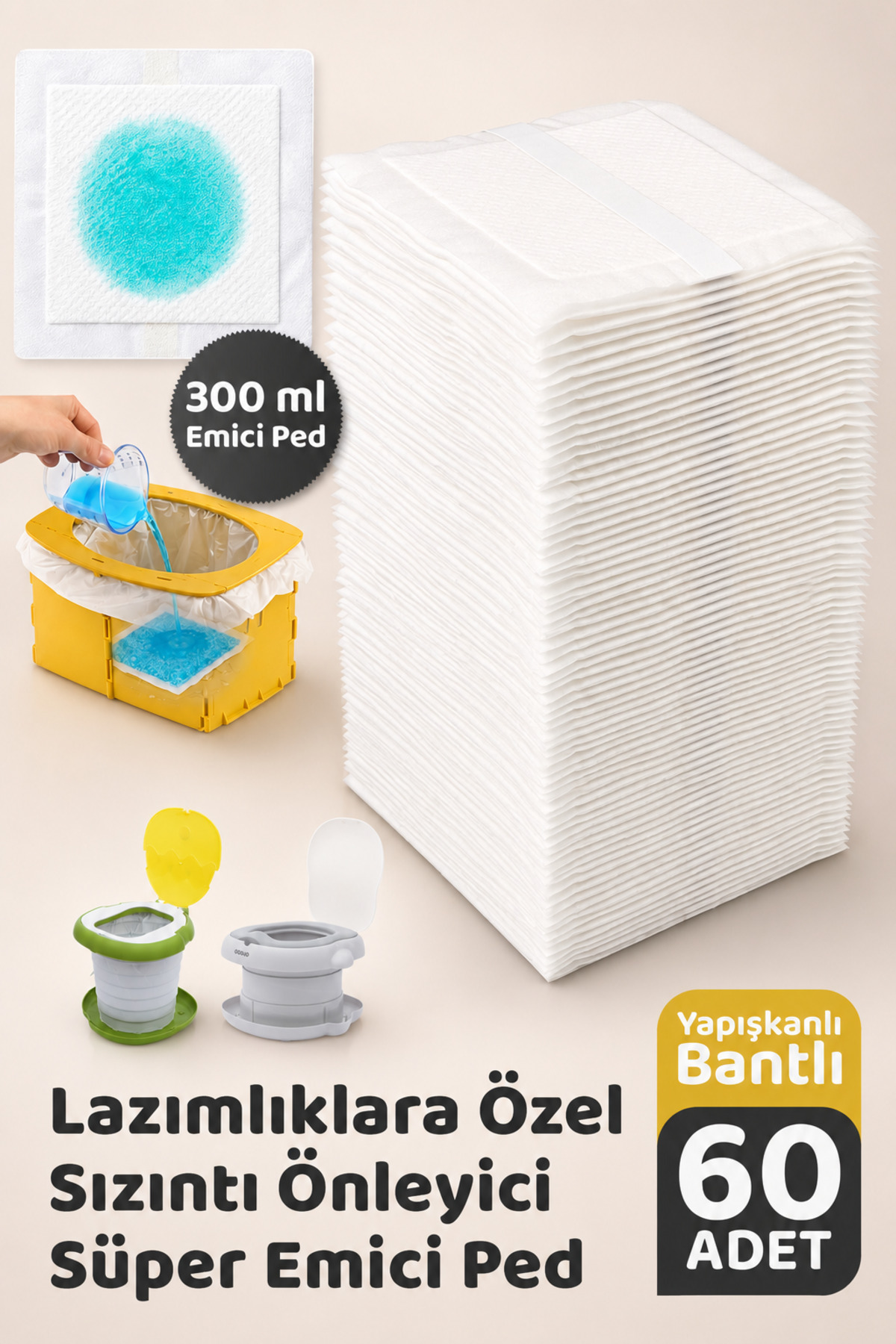 Potty Bag Anti-Leak Pad, 300ml Liquid Absorbent, 60pcs, Banded