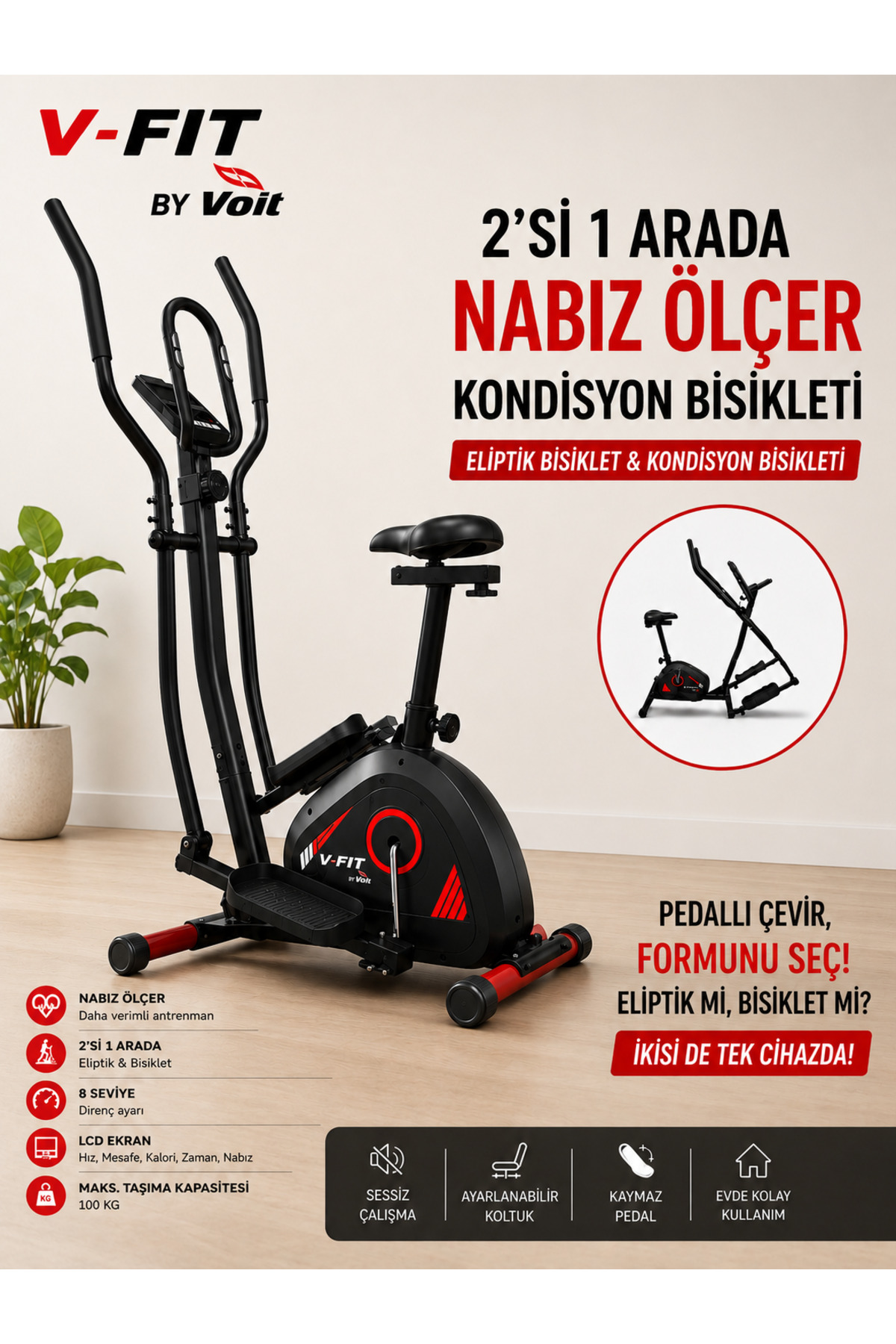 V-FIT BY 2-in-1 Pulse Meter Conditioning Bike - Elliptical Bike - Conditioning Tool