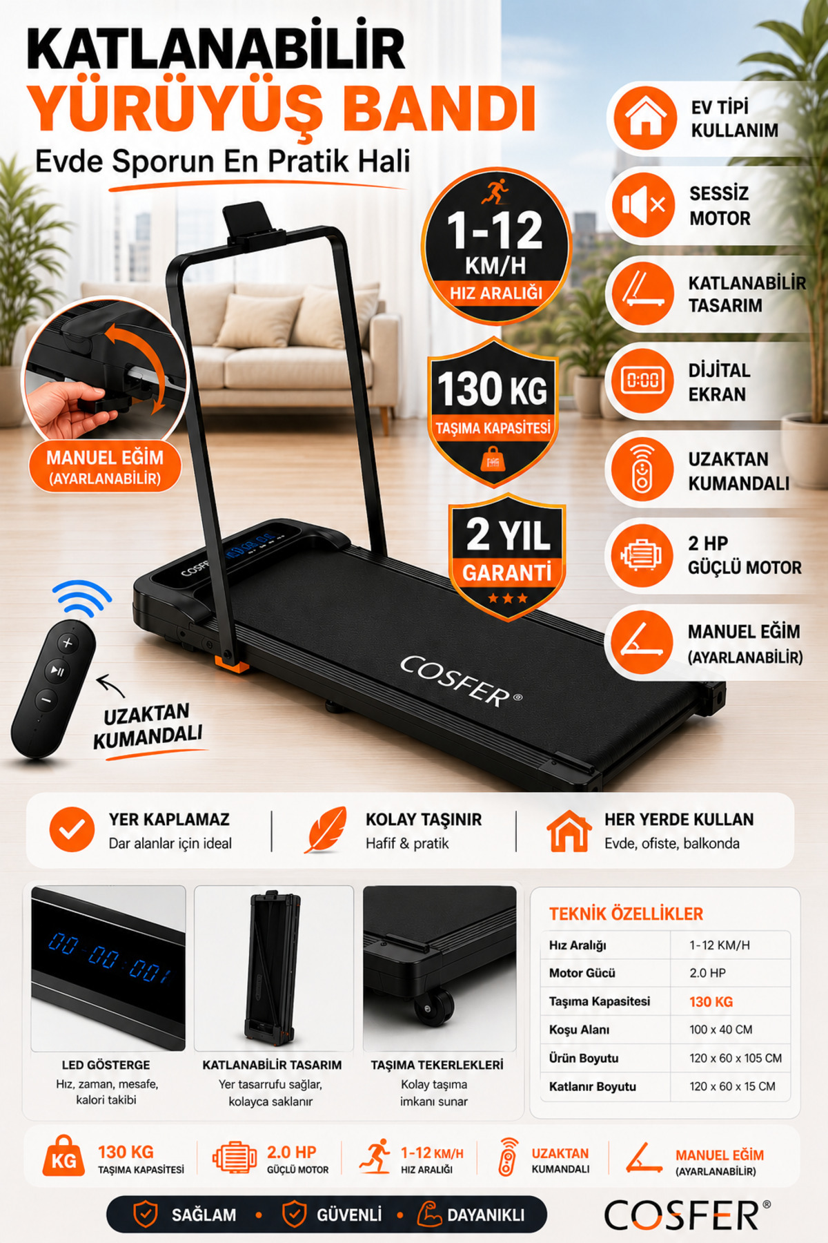 Cosfer Güçlü 2 Hp Yürüyüş Ve Koşu Bandı Katlanabilen 130 Kilo Taşıma Kapasite...