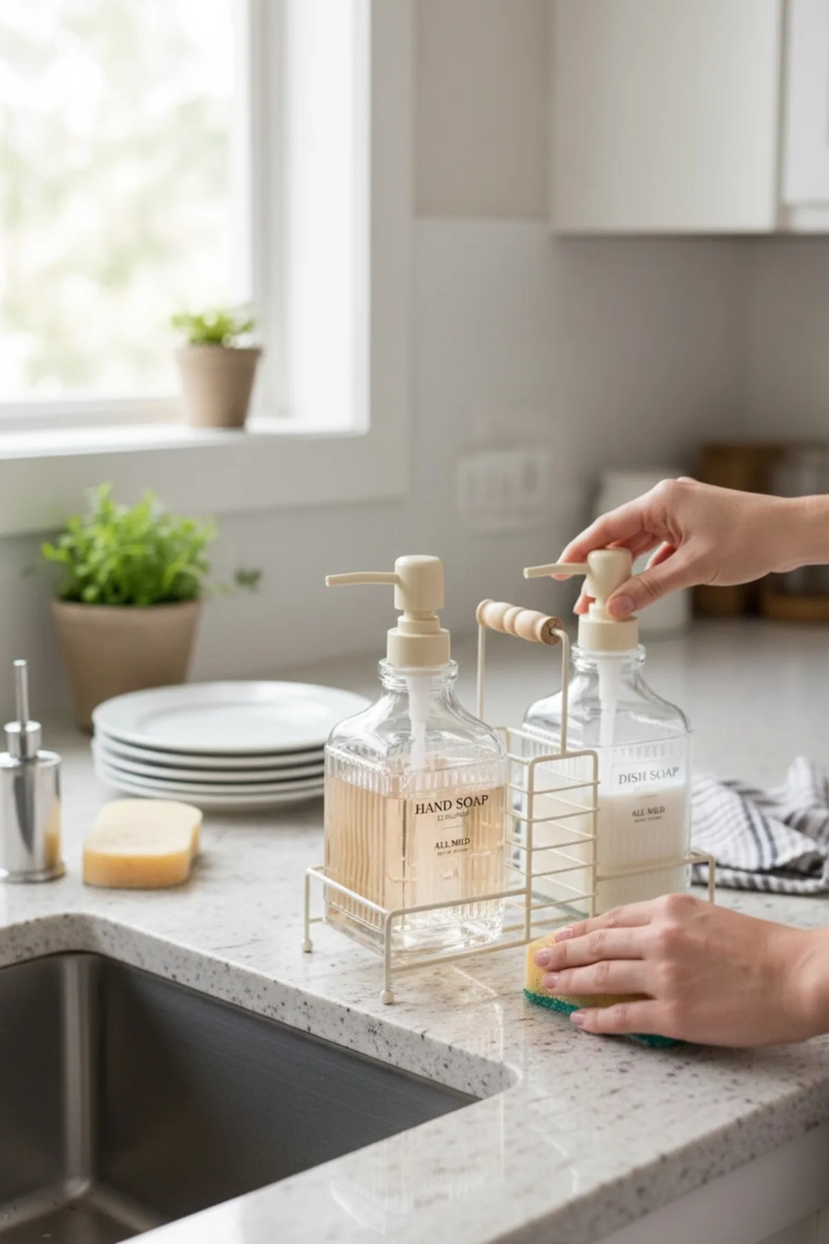 Fılo Metal Standlı 2’li Sıvı Sabunluk Seti –500 ml Banyo ve Mutfak Dispenseri