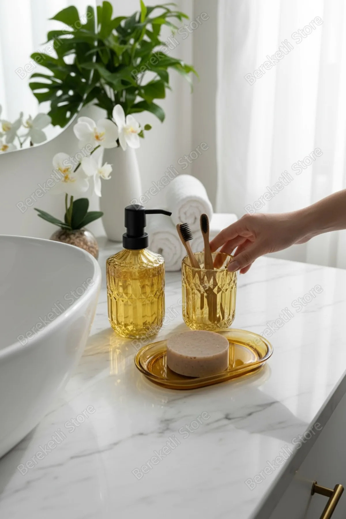 Çizgili Cam Banyo Seti | Sıvı Sabunluk, Diş Fırçalık ve Sabunluk | Şık & Modern Tezgâh Üstü Set