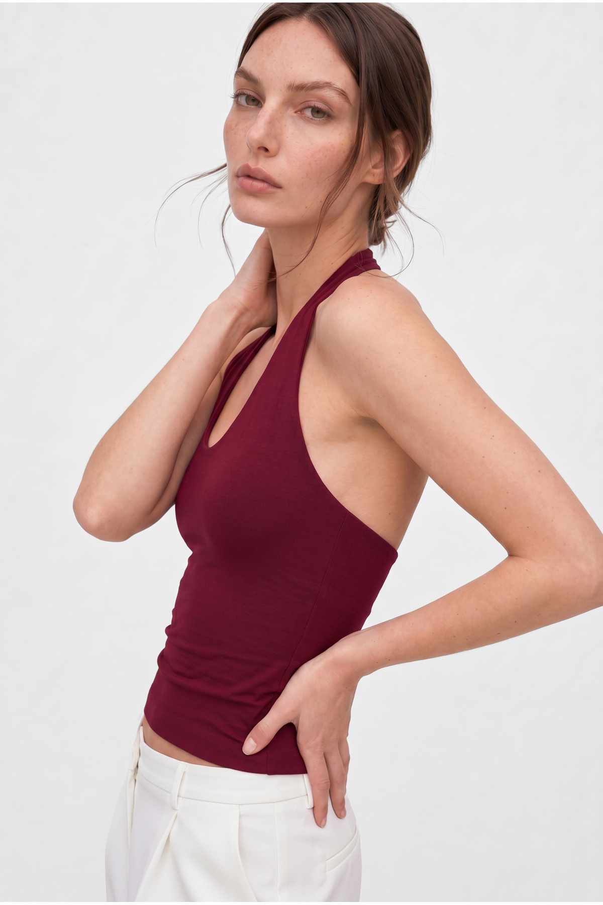 OLYNN  Bordo Ultra Premium Soft Halter Yaka Çift Kat Top Body - Görsel 2