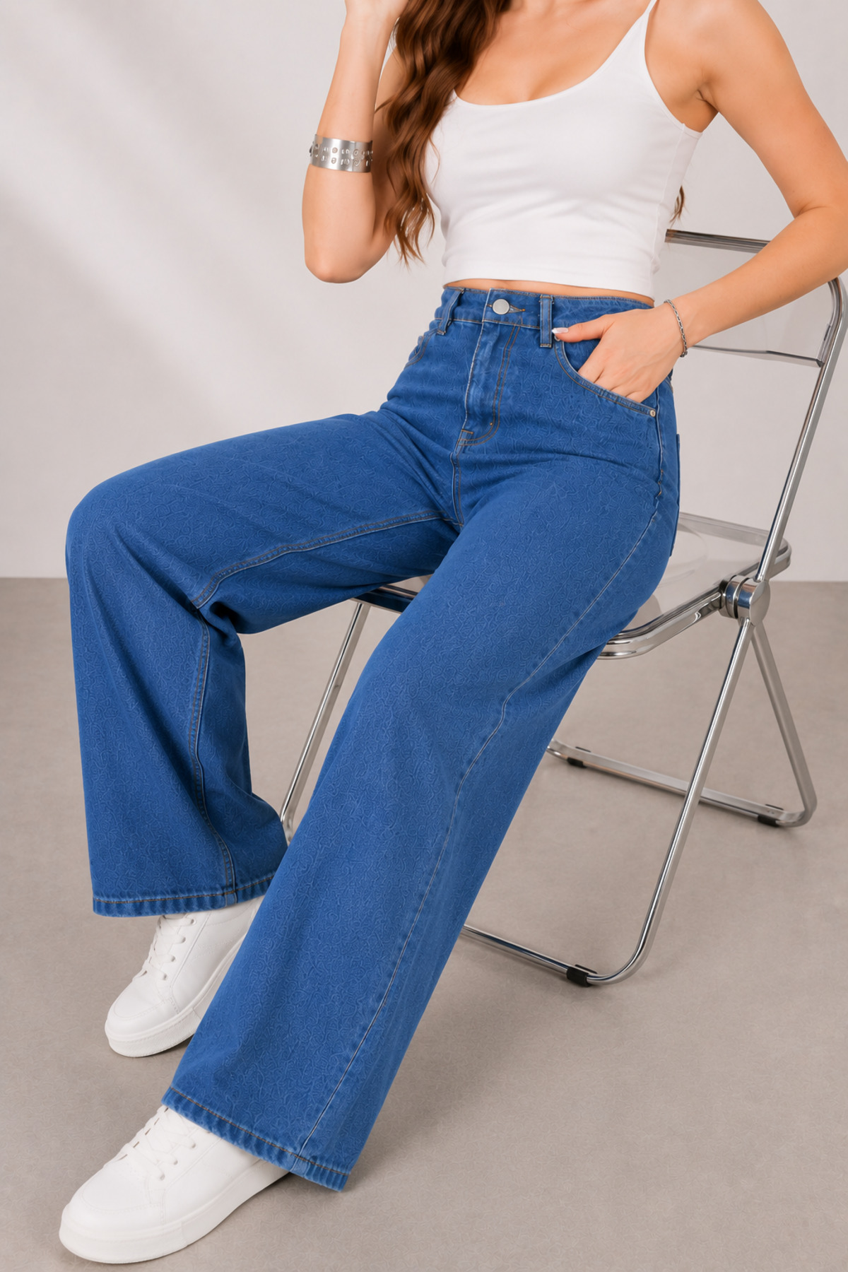 Lighter Jeans  Kadın Orta Mavi Yüksek Bel Straight Fit Wide Leg Jean Pantolon Rahat Kalıp Likralı Denim Kot - Görsel 2