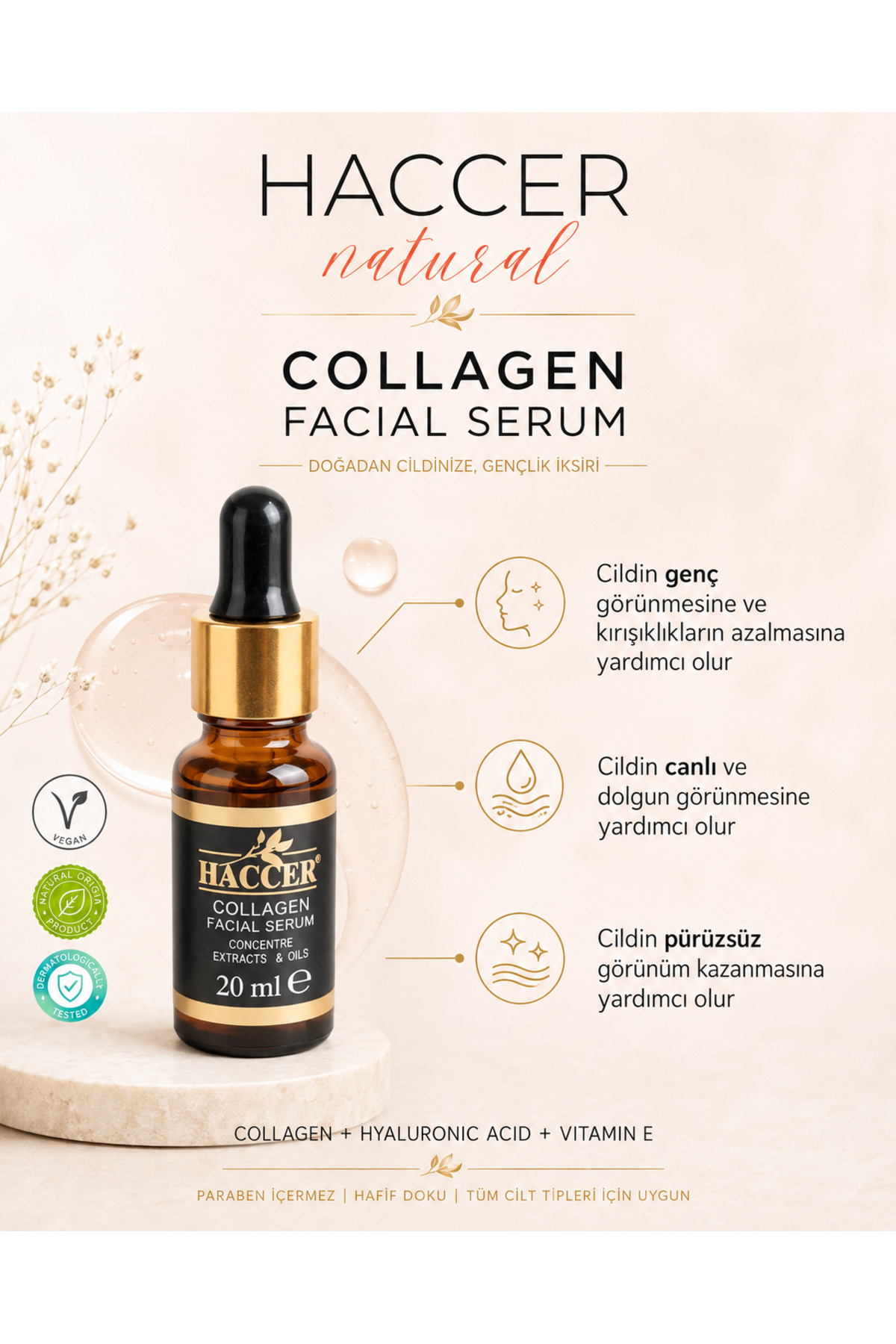 Hyaluronik Asitli, Doğal Kolajen Serum 30 ml Yüz Serumu — HCCR-SR1 — تصویر 6 از 7