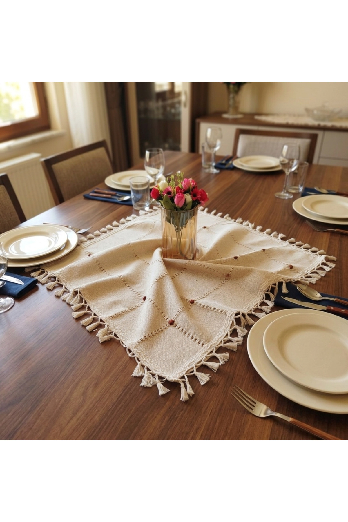 Buldan Cloth Tasseled Coffee Beaded Natural Organic Vintage Fiskos Tablecloth