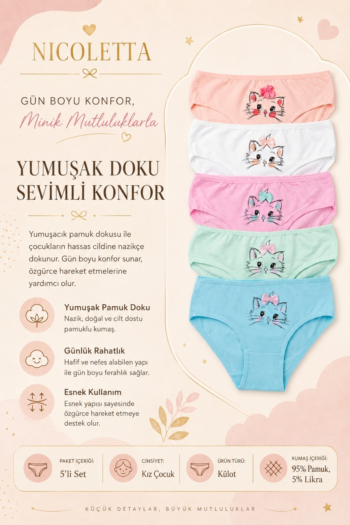 Girls Panties 5-Pack Cotton Lycra Cat Printed