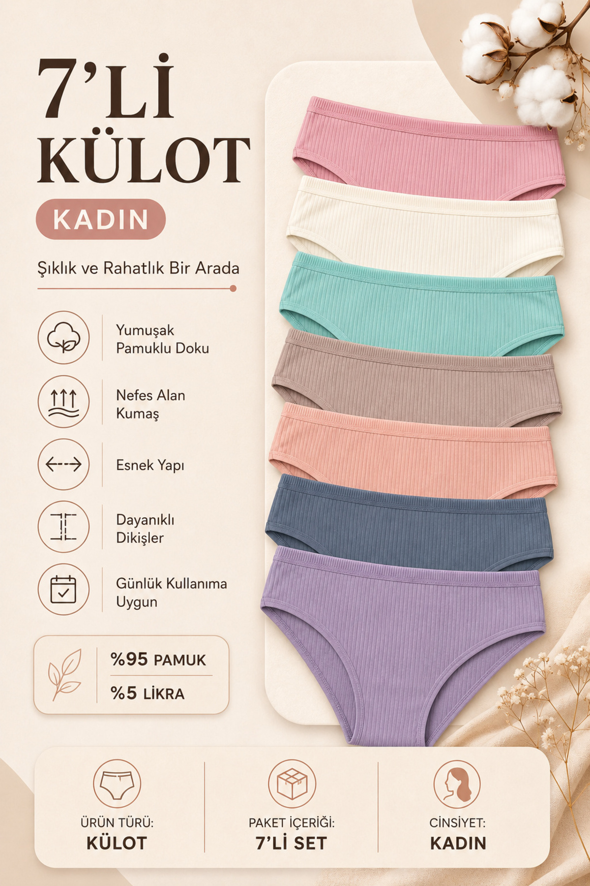 Nicoletta Ženske gaćice 7 paketa Sa likrom Pamuk paketa Rebrasta pletenina Ri...