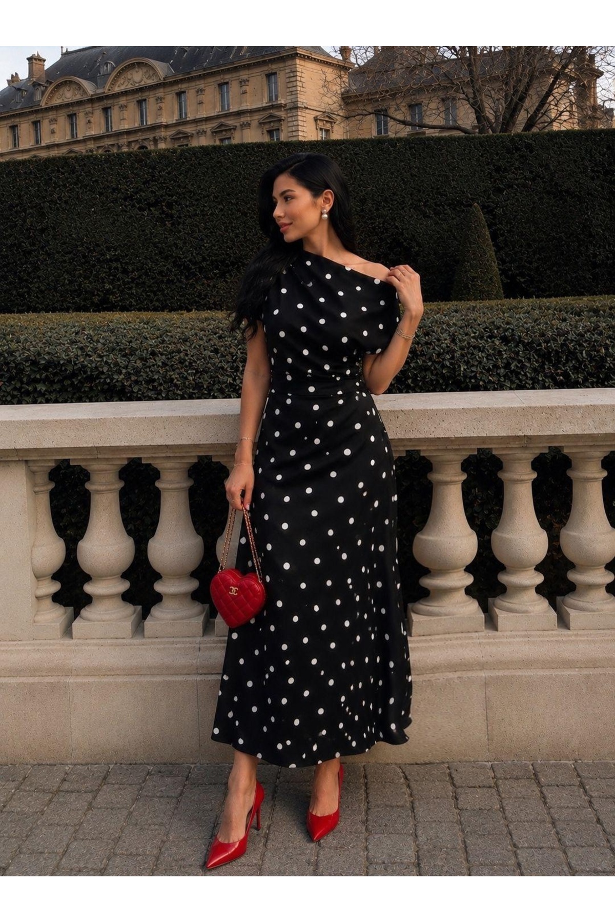 Women's Polka Dot Patterned Boat Neck Draped Dress