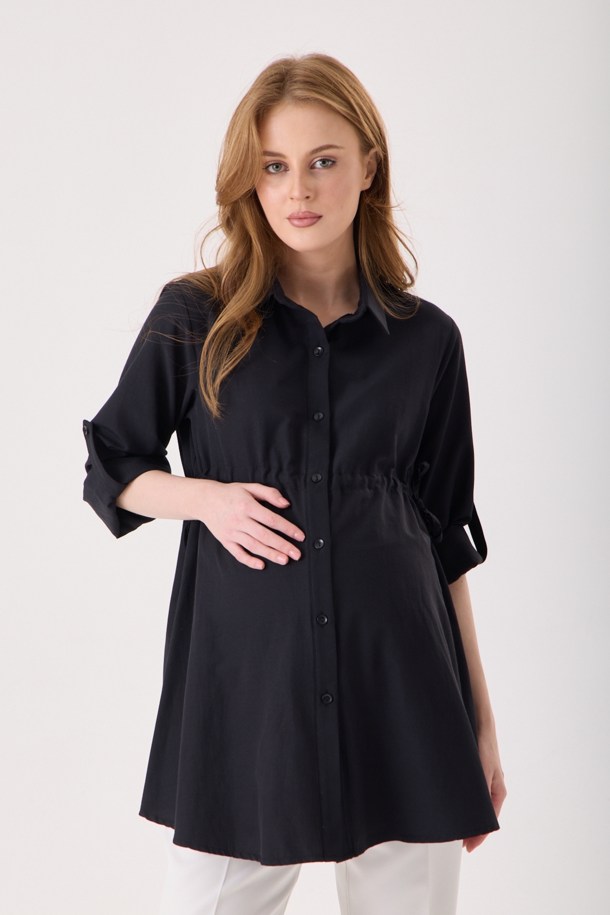KATLİN MATERNİTY WEAR Hamile Siyah Gömlek, Poplin Pamuklu Kumaş, Yanlardan Bağcık ve Kollar Kıvrımlı Detaylı