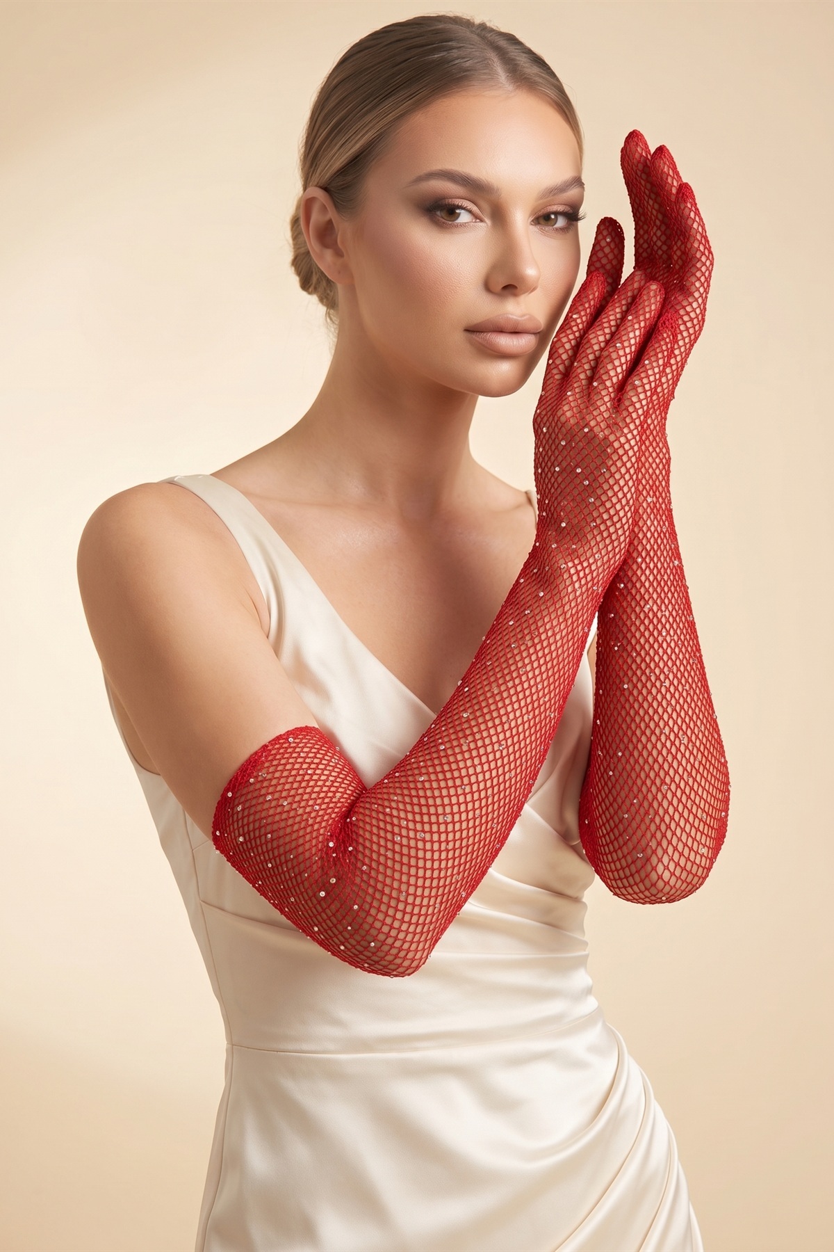 Elegance Scarf Uzun File Taşlı Eldiven Kırmızı Abiye Davet Gece Parti Söz Kına Nişan Mezuniyet görsel 2