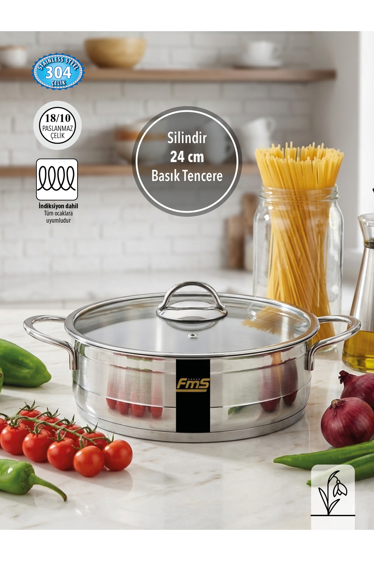 24 Cm Cylinder Steel Saute Pan | 2.5 L | 18/10 Stainless | Induction Base | 304