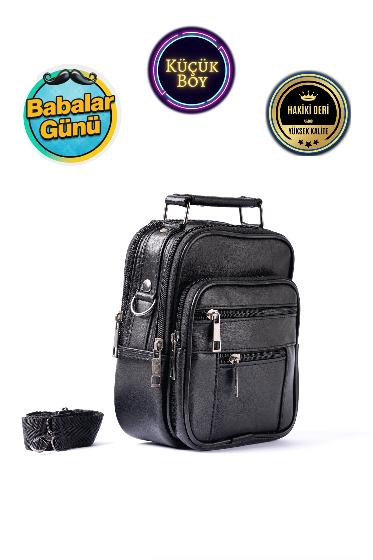 Men's Black Steel Case Genuine Leather Hand and Shoulder Bag with Adjustable Strap ( Small Size )