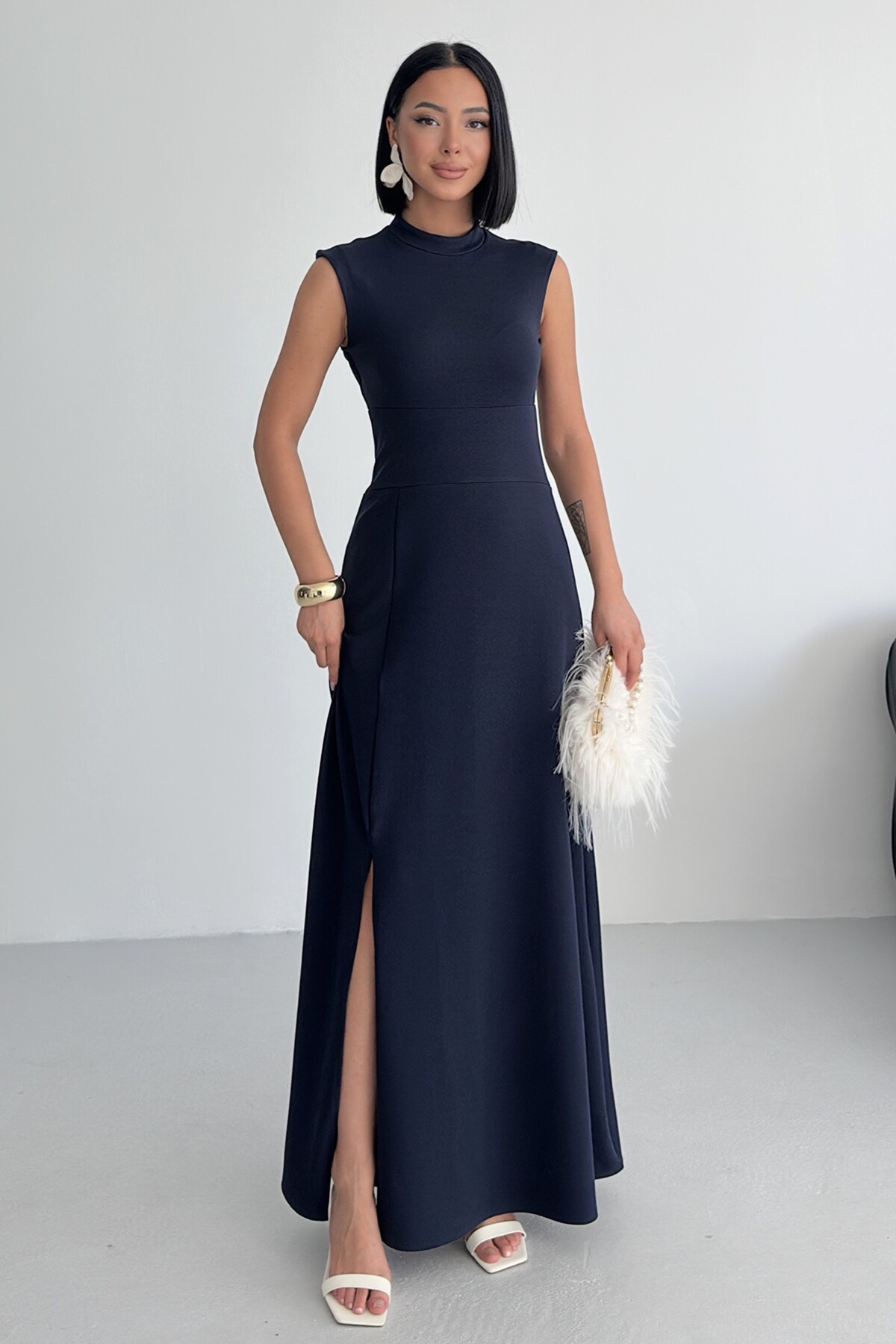 Crew Neck Slit Navy Blue Maxi Dress