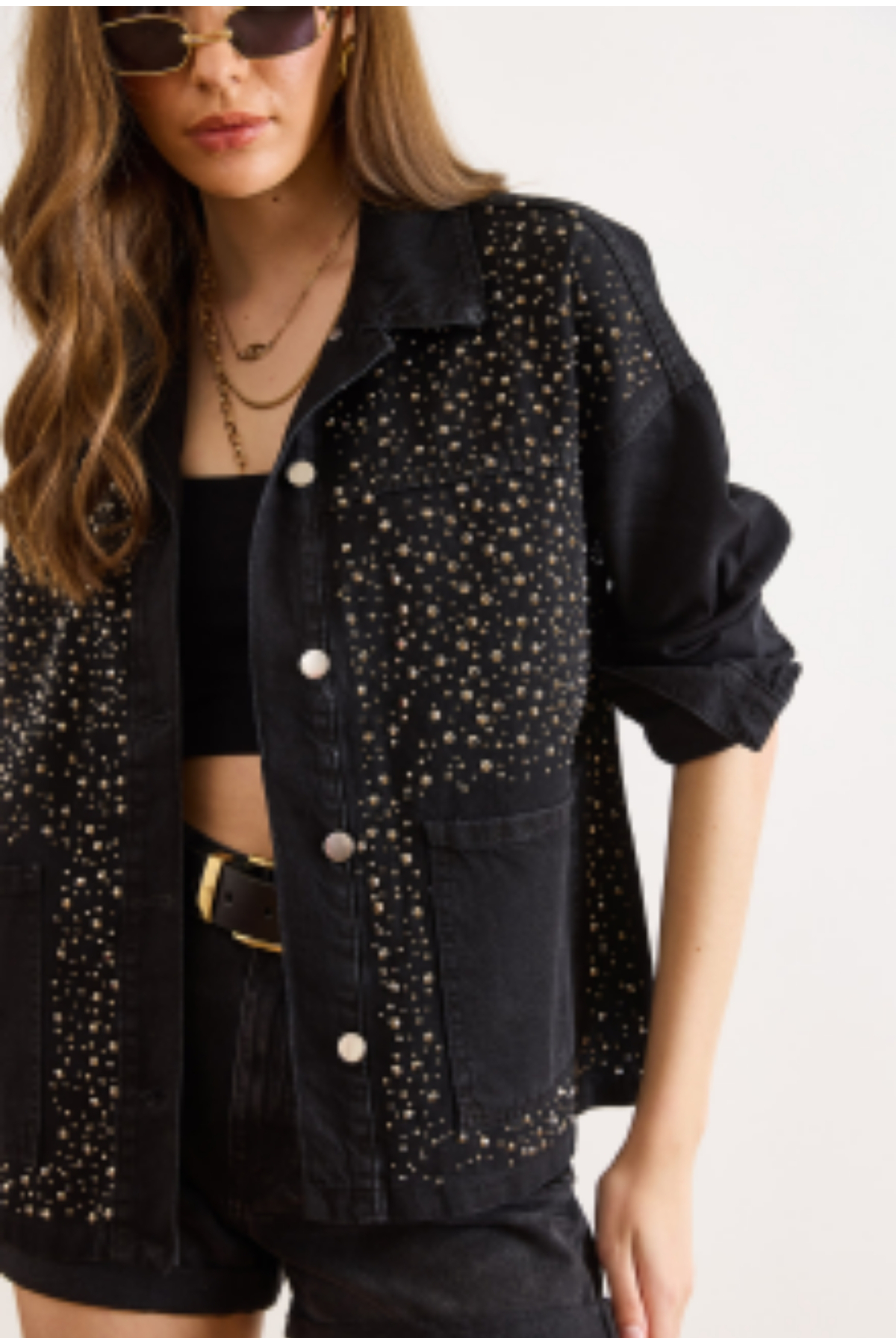 Olalook Kadın Siyah Serpme Taş Detaylı Cepli Pamuk Denim Ceket CKT-19000448 görsel 3