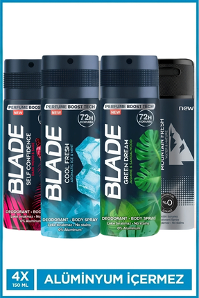 Blade Erkek Deodorant 4x150 Ml (Cool,Mountain,Self Confidence,Green Dream) Hı...