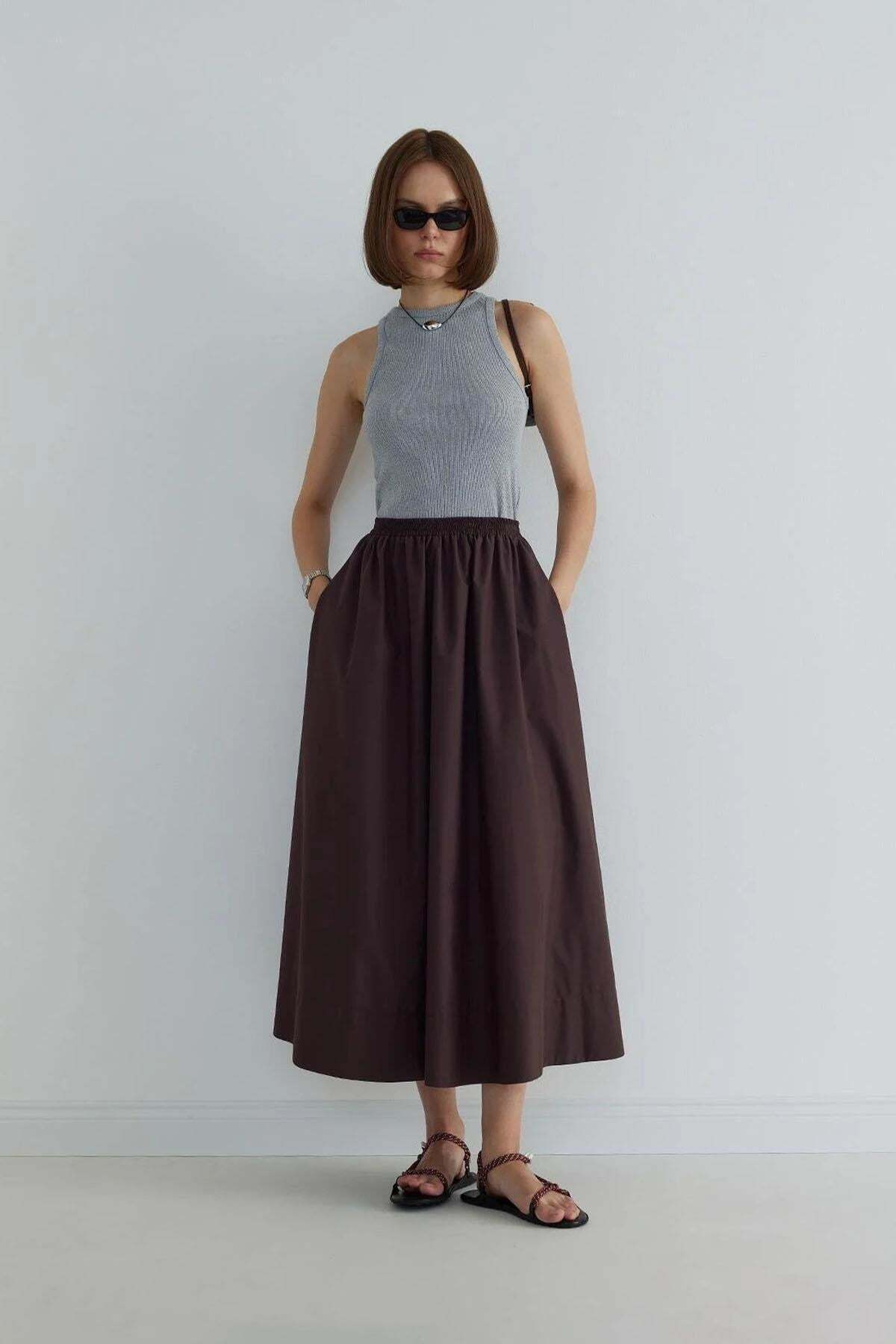 Brown Day Poplin Flared Skirt