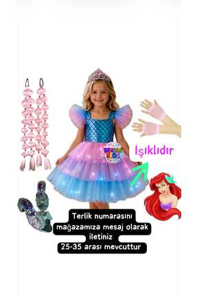 3b kids denizkızı ışıklı kostüm elbise+pembe saç+taç +pembe file eldiven+deni...