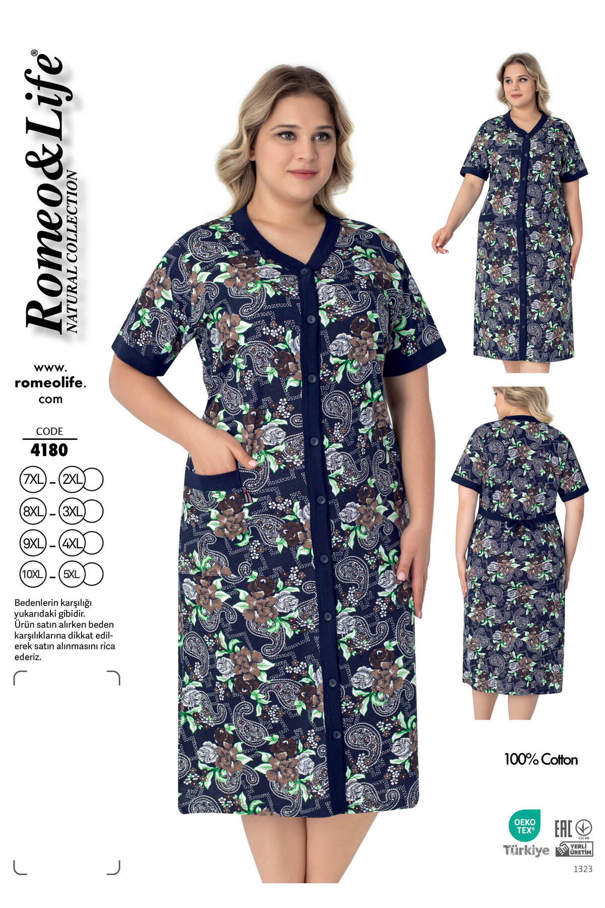 Women's Plus Size 100% Cotton Combed Fabric Buttoned Summer Dress /Navy-Green 4180