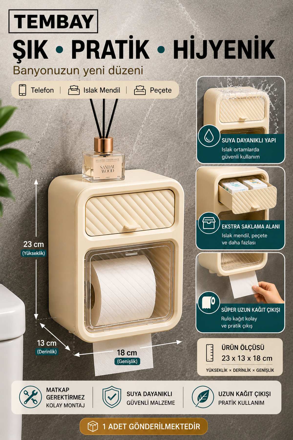 Adhesive Toilet Paper Holder ,Wall Mounted Toilet Paper Hanger , Bathroom Organizer with Phone Shelf