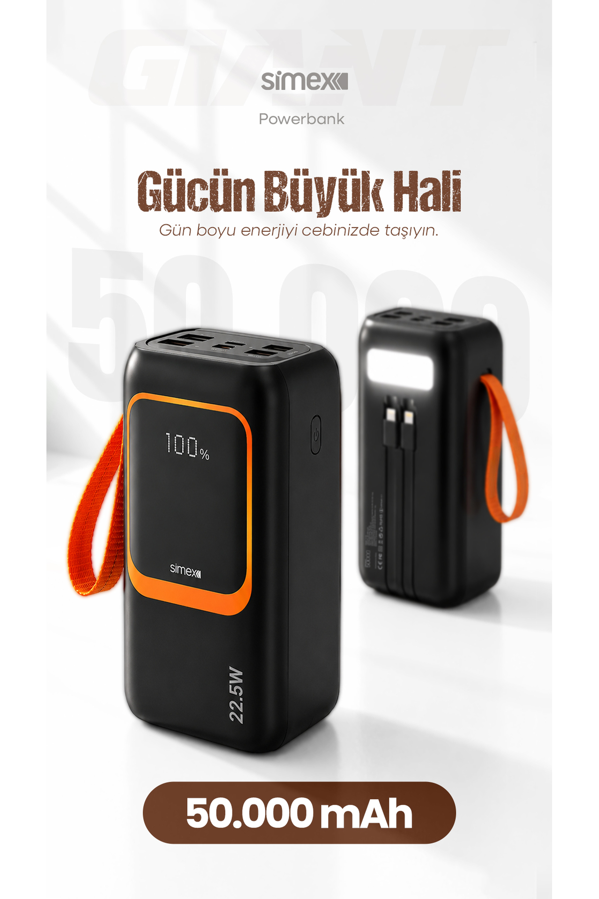 50,000 mAh 22.5W PD Fast Charging Wired Powerbank Flashlight Portable Camping Device with Digital Indicator