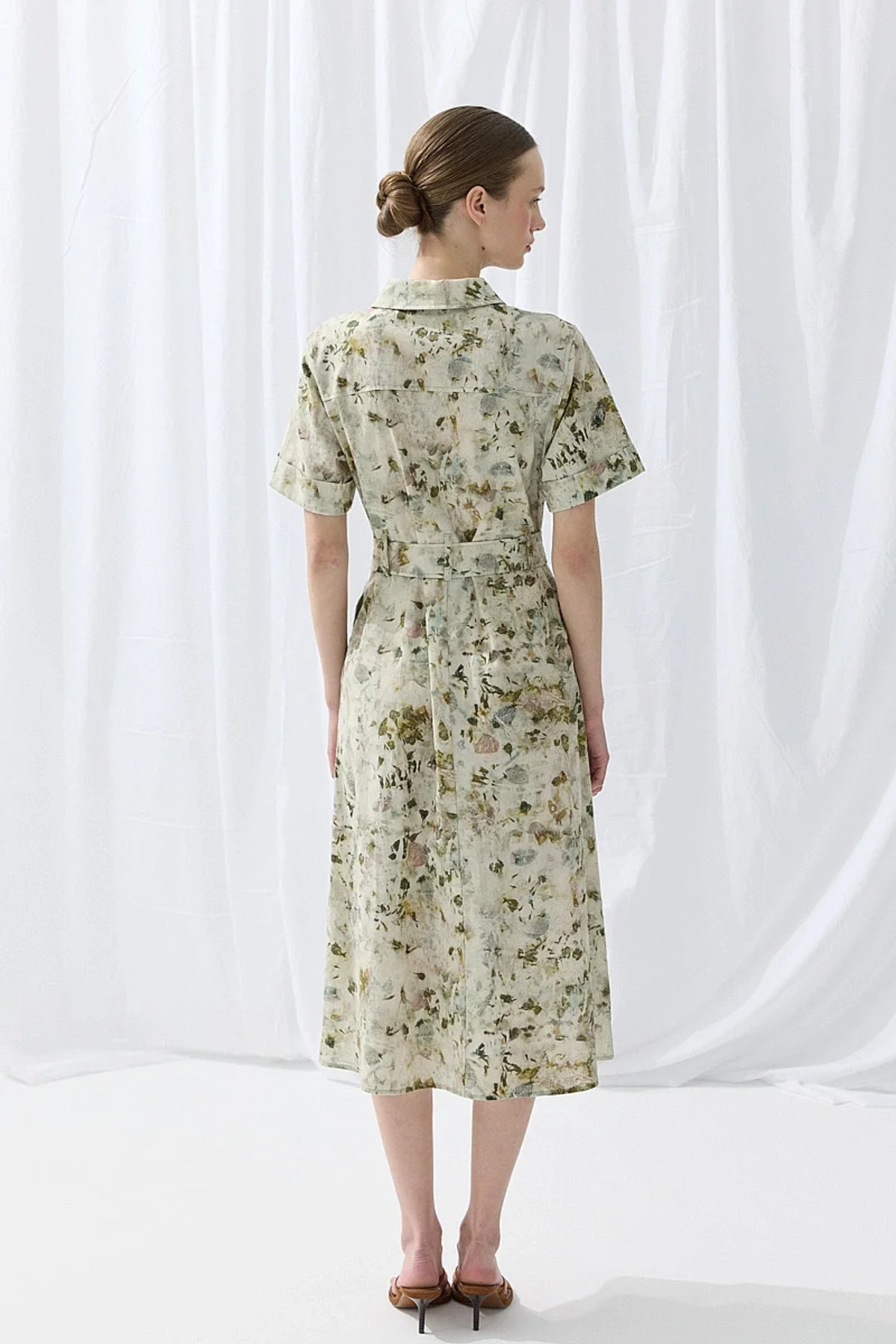 Gusto İz Koleksiyonu Eco Print Keten Midi Gömlek Elbise - Yeşil görsel 7