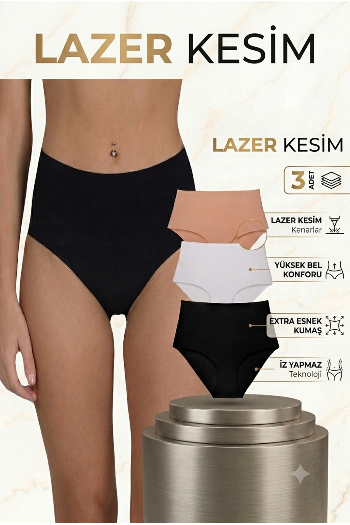 Afrodizyac 3'lü Extra Yüksek Bel Lazer Kesim Dikişsiz Iz Yapmaz Külot (EXTRA ESNEK VE YUMUŞAK)