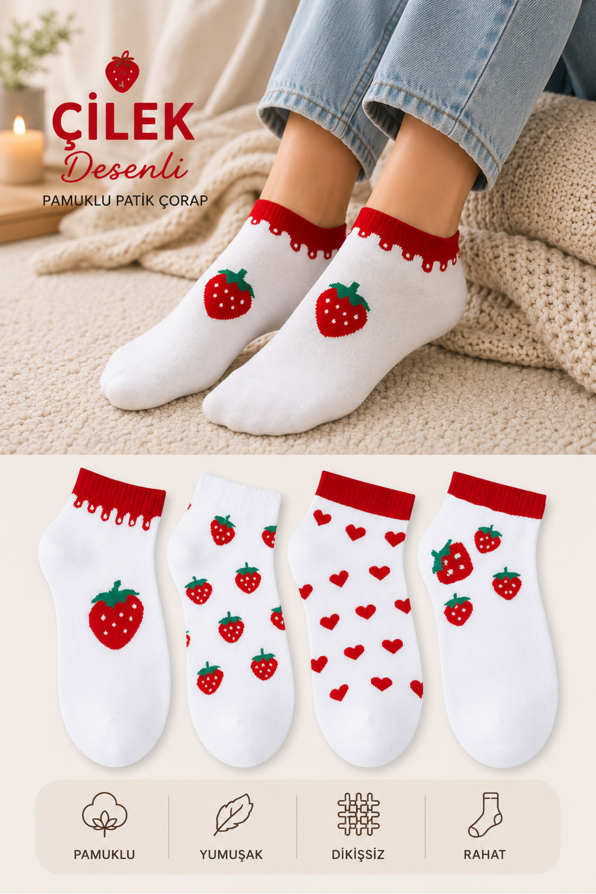 Cotton Seamless 4-Pack Strawberry Patterned Women's Socks