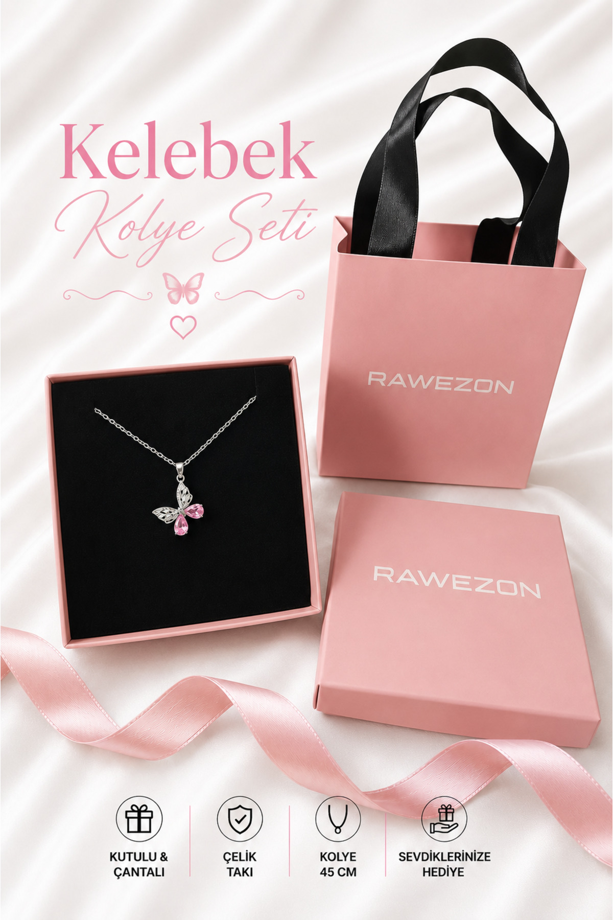 Pink Boxed and Bagged Pink Stone Steel Butterfly Necklace -Valentine Gift Birthday Friend