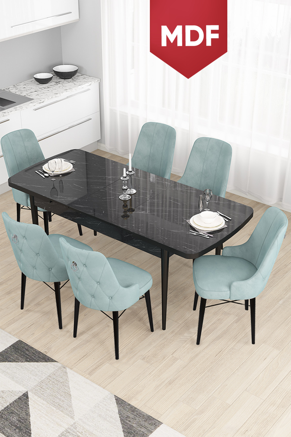 Crown Series Retractable MDF Kitchen Table Set 80x132 Black Marble Pattern Table 6 Water Green Chair
