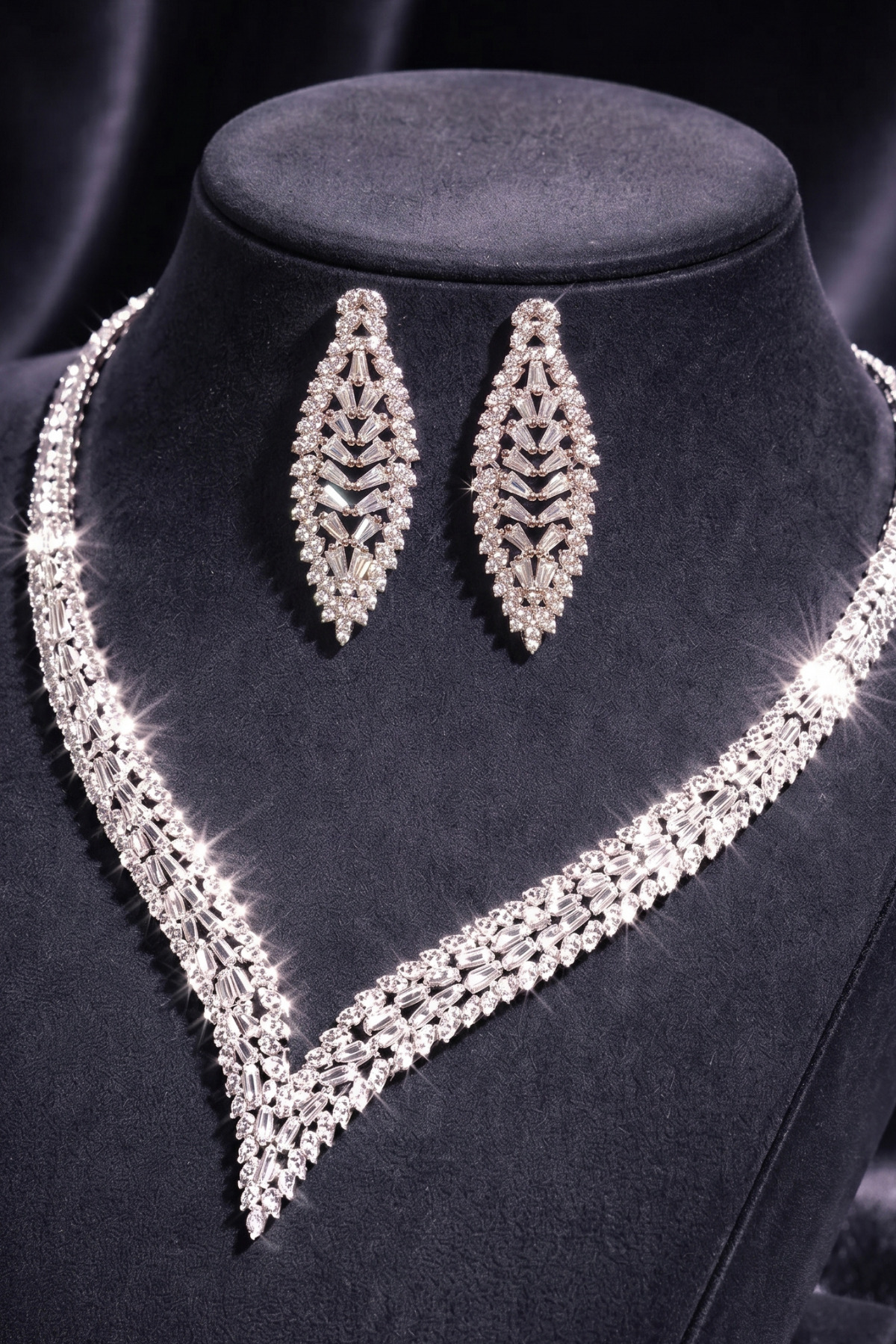 Zircon Waterway Set Rhodium Plated Nilac Model Wedding Set Engagement Set Necklace Earrings Jewelry Set