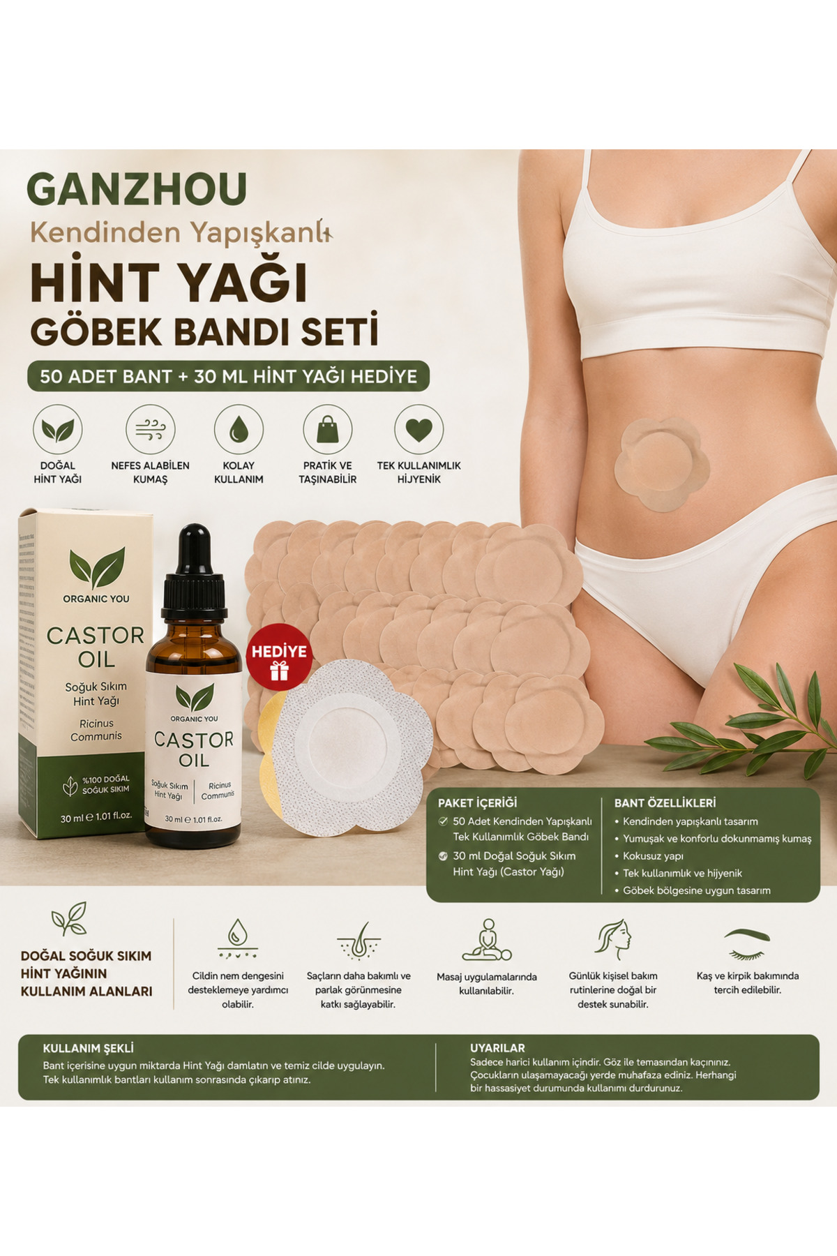 ORGANICYOU GANZHOU 50 Adet Kendinden Yapışkanlı Tek Kullanımlık CASTOR Yağı ( SOĞUK SIKIM HİNT YAĞI) Göbek Deliği Bantları+ 30 ml CASTOR YAĞI HEDİYE🎁 — 12177245643