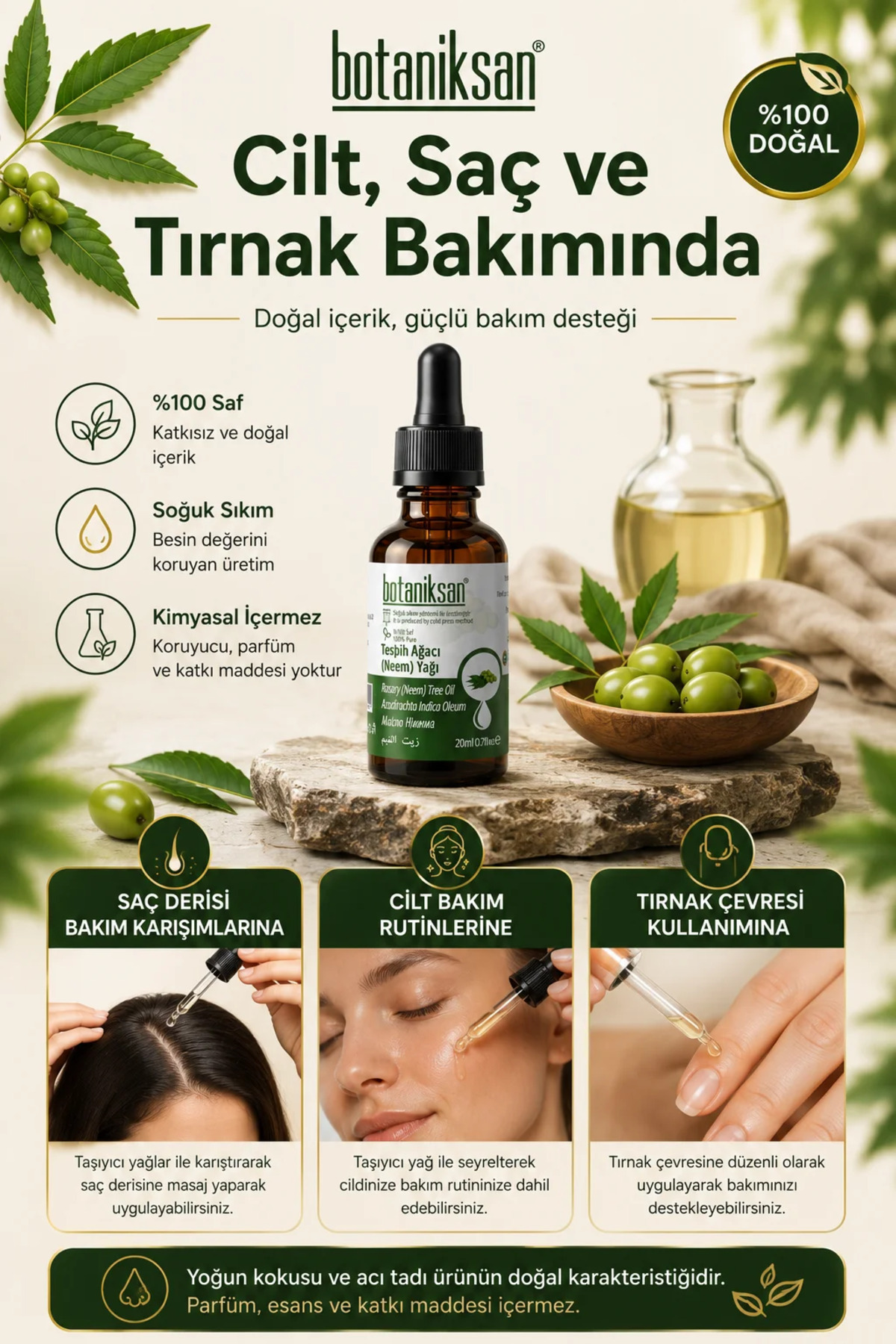 Tesbih Ağacı (Neem) Yağı 20 ml %100 Saf Soğuk Sıkım Bitki, Cilt ve Saç Bakımı İçin — TESBİH AĞACI NEEM YAĞI 20ML — تصویر 3 از 8