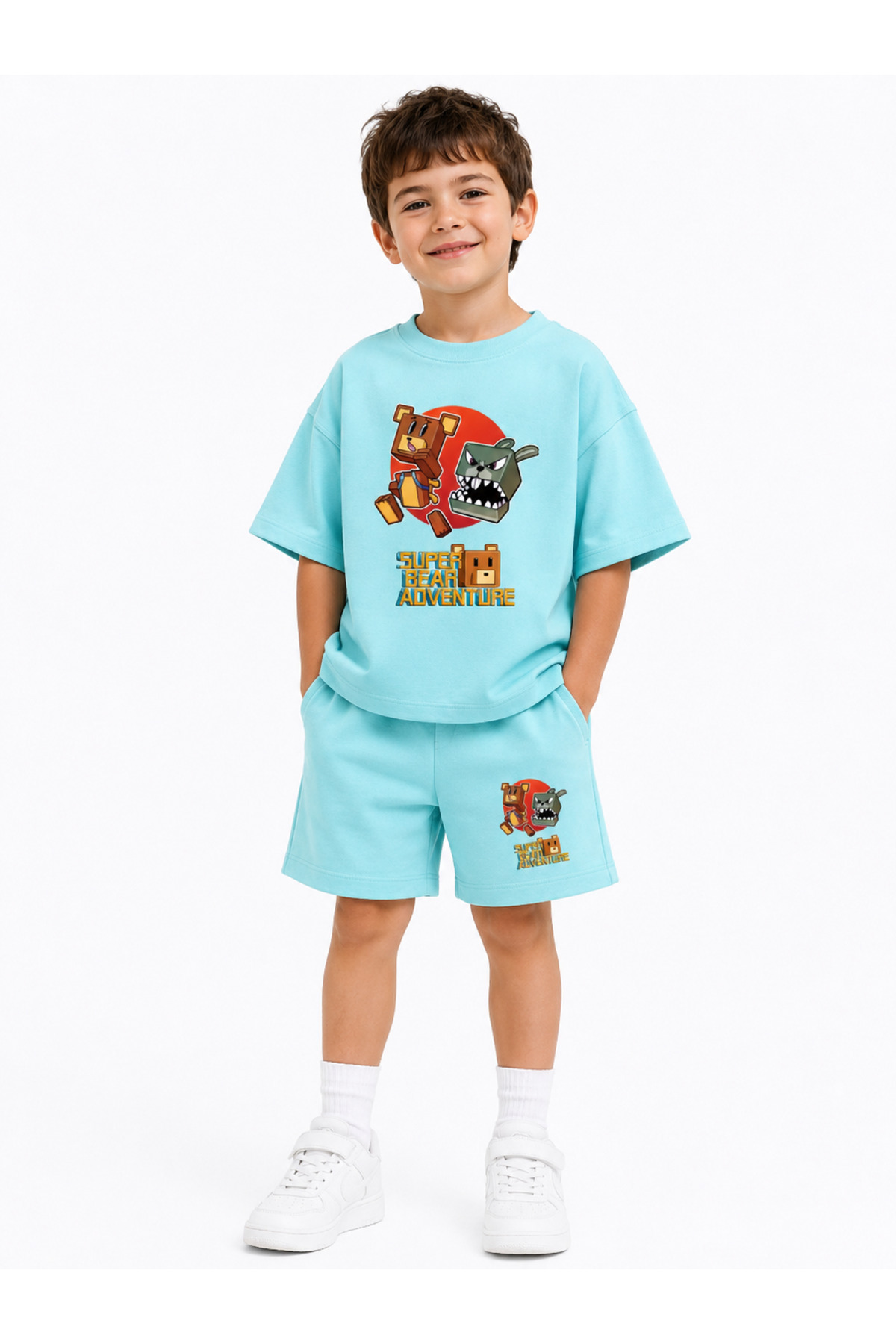 Super Bear Adventure Super Bear Printed Oversize 100% Cotton T-Shirt Shorts 2pcs Kids Set