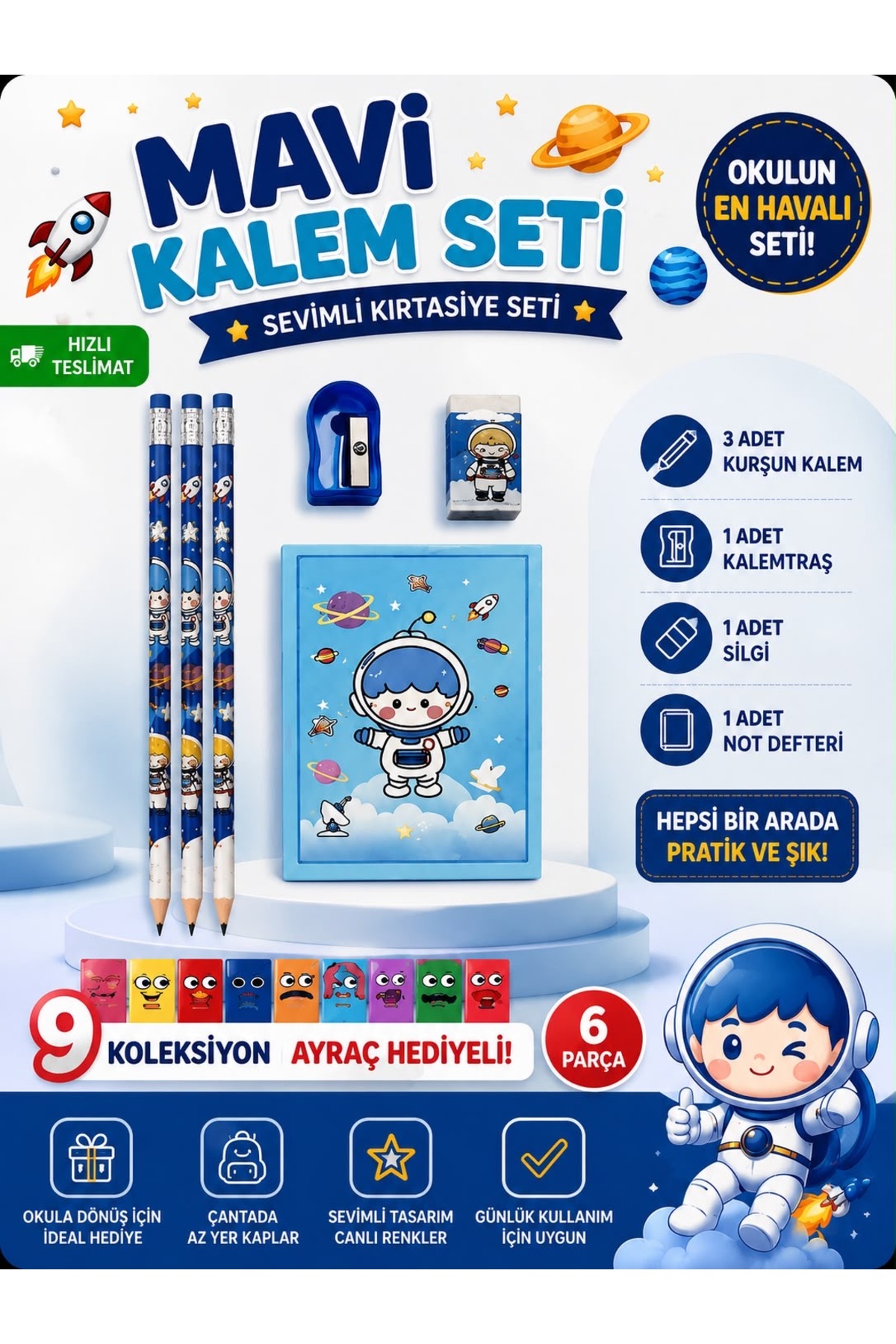Pembe Pasaj Mavi Kalem Seti - Sevimli Kırtasiye Seti