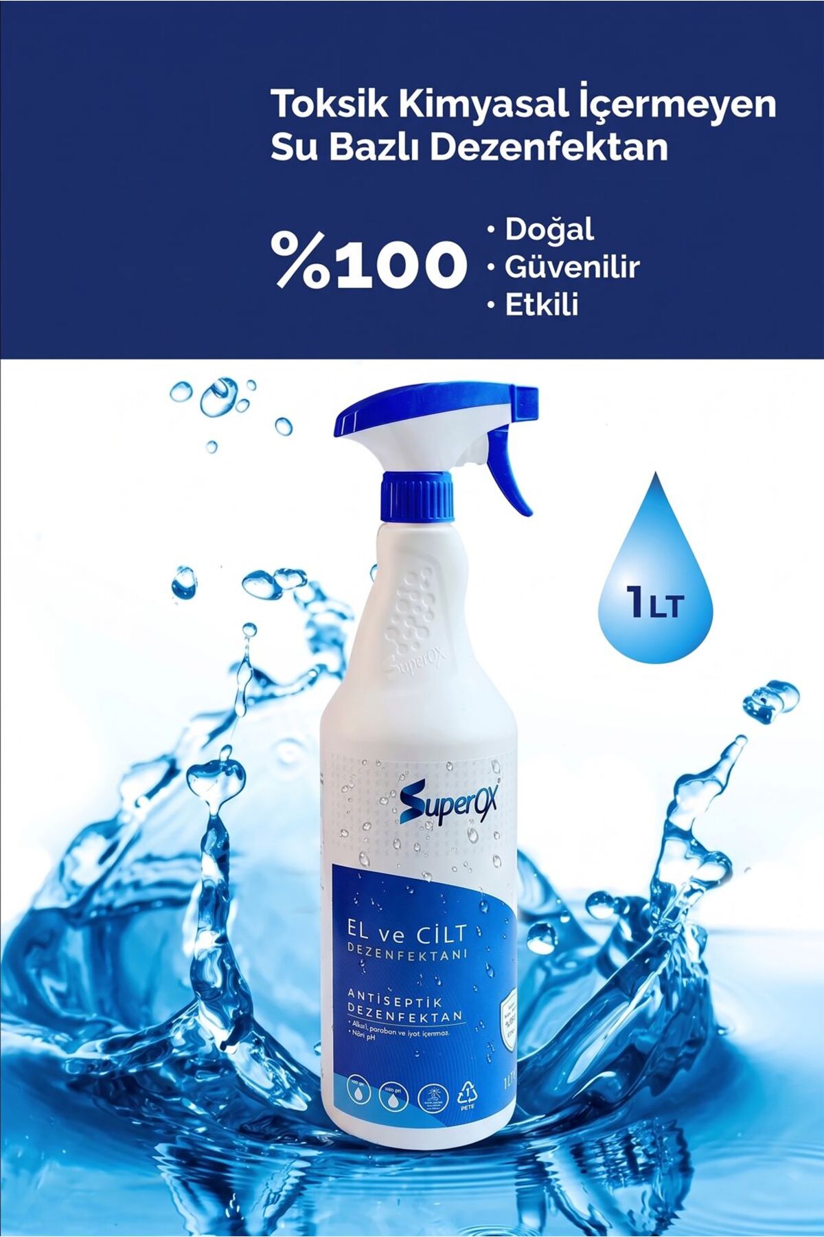 SuperOX Doğal ve Alkolsüz El Cilt Dezenfektanı , Hipokloröz İçeren El Dezenfektanı 1 LT