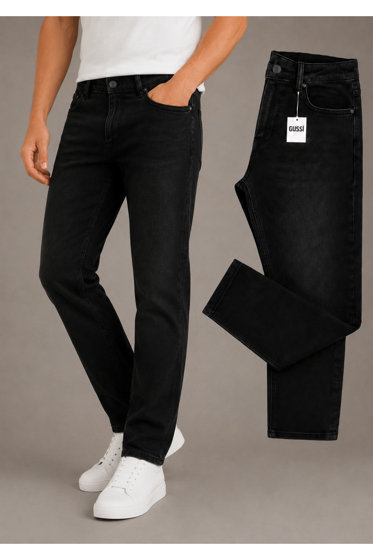 Gussi Erkek Siyah Taşlamalı Regular Boru Paça Esnek Likralı Denim Jeans Kot Pantolon görsel 5
