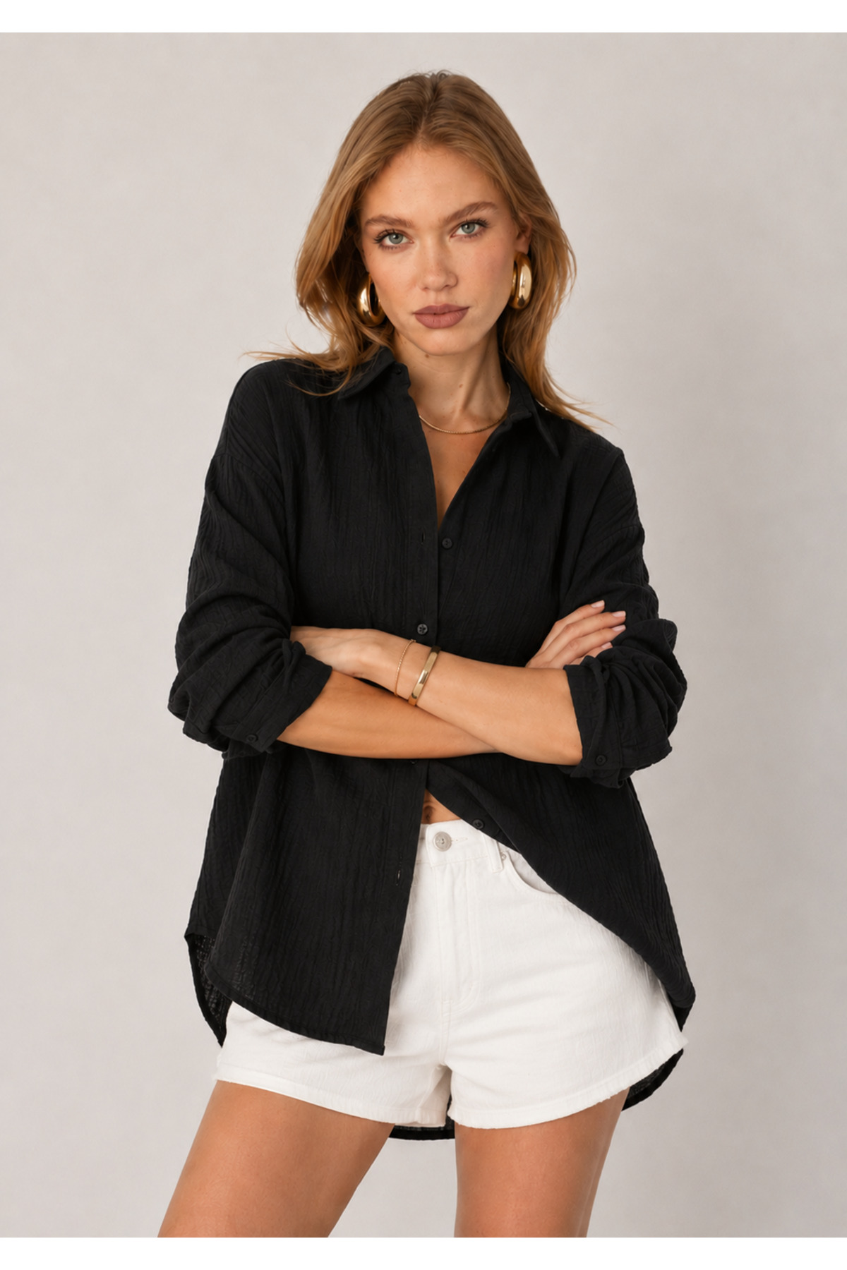 EDITION WOMAN Siyah Müslin Yıkamalı Oversize Pamuk Gömlek | EK100165030
