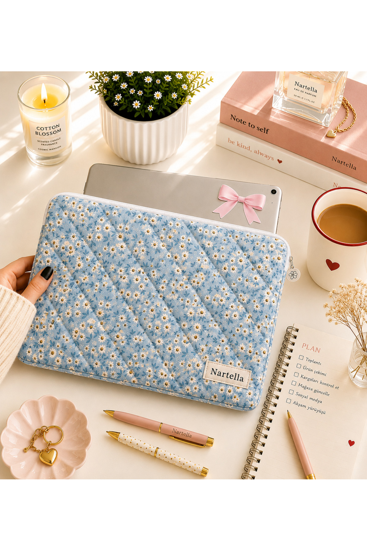 Bead Blue Tablet Bag 10-11 Inch Quilted Fluffy Protective Case 31x23cm