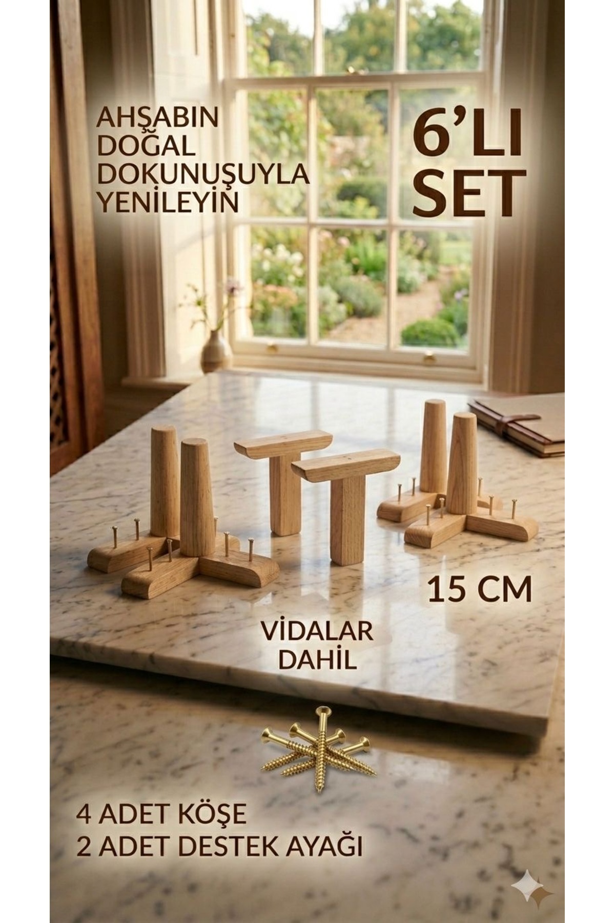 15 cm Wooden Conical Furniture Leg Set of 6 Corner and Support Leg Hornbeam Raw Robot Vacuum Cleaner Compatible