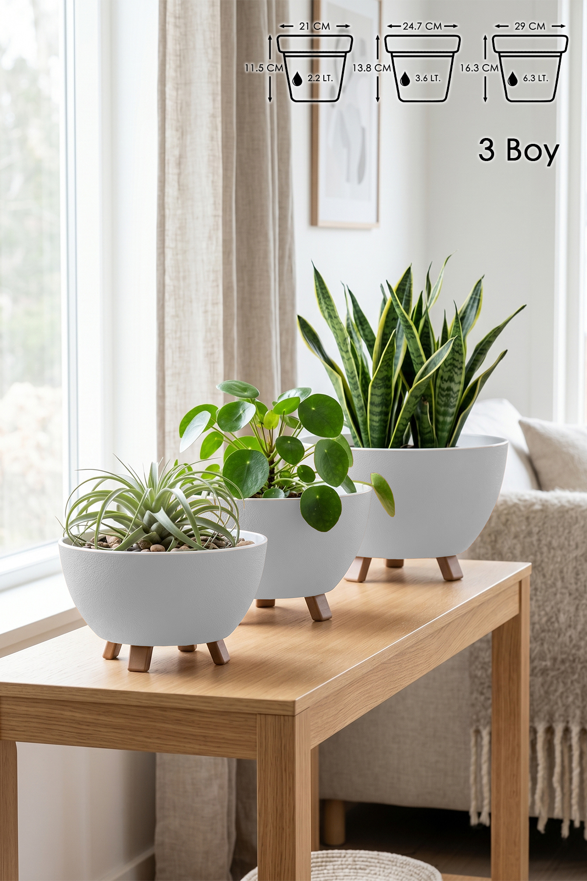 ToXA 3 Boy Sora Ayaklı Saksı Seti 3'lü Set Drenajlı Süzgeçli