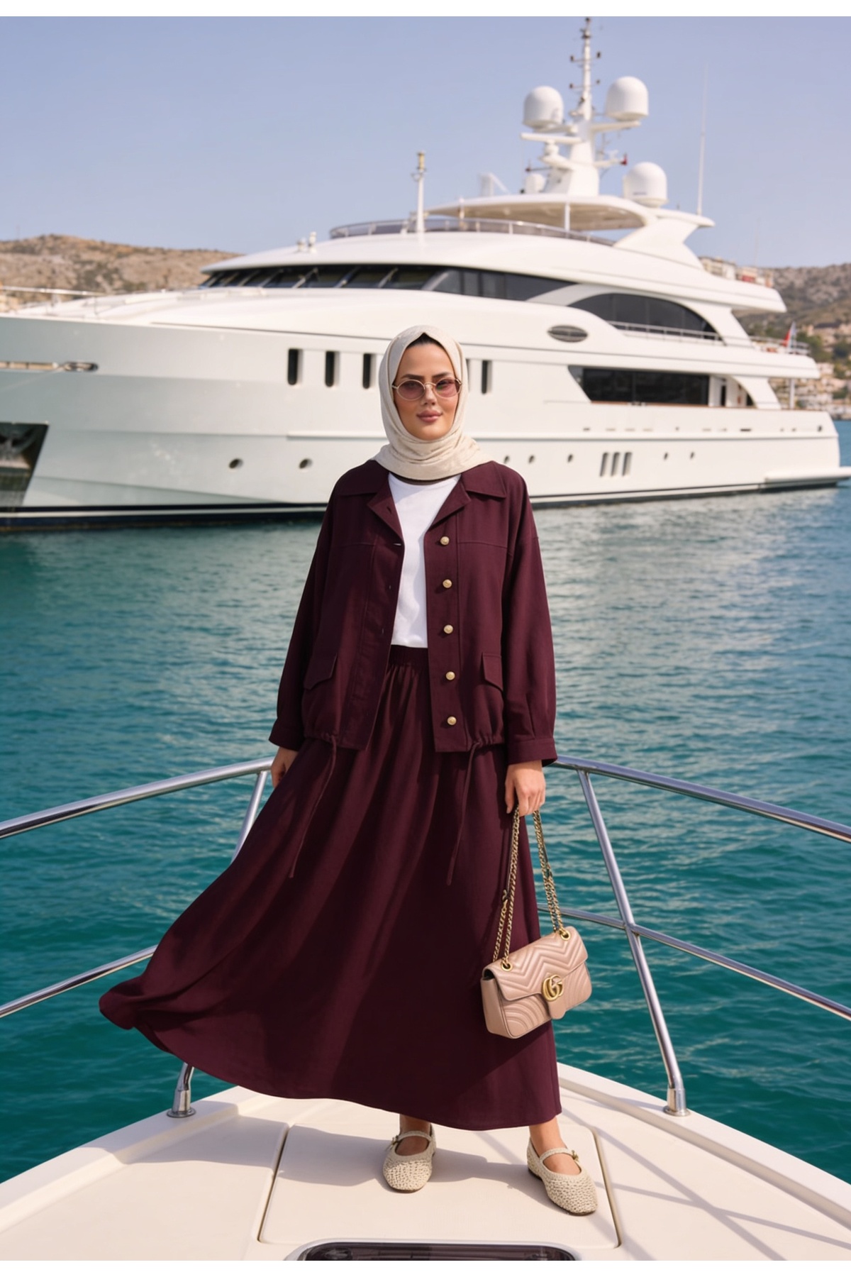 Aselim Hijap Moda Aurelia Gold Tensel Set - Skirted Suit - Burgundy