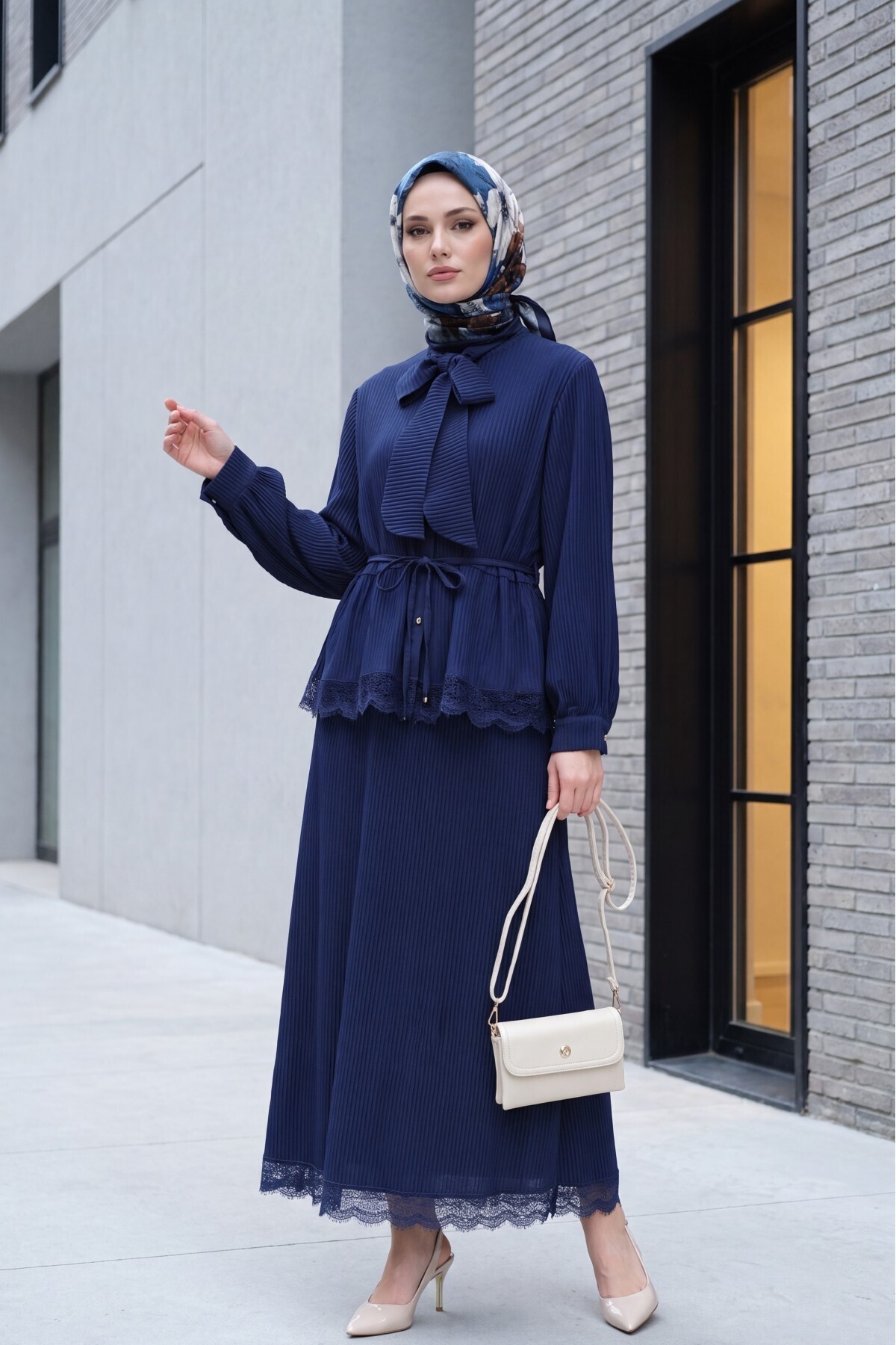 Modamorfo Lace Collar and Tie-Waist Skirt, Pleated Crepe Suit - Dark Blue