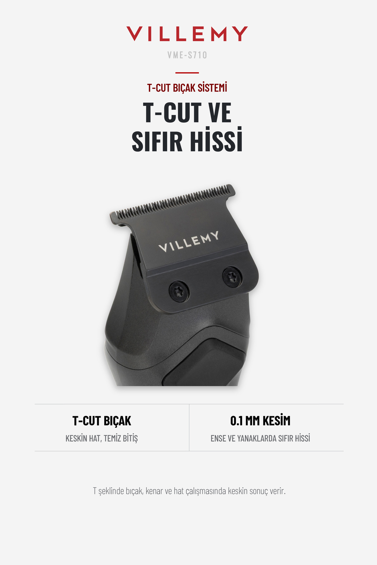 VME-S710 Profesyonel Saç Kesme, Sakal ve Ense Tıraş Makinesi Sıfıra En Yakın Kesim 0.1 mm T-Cut LED — خاکستری — تصویر 4 از 8