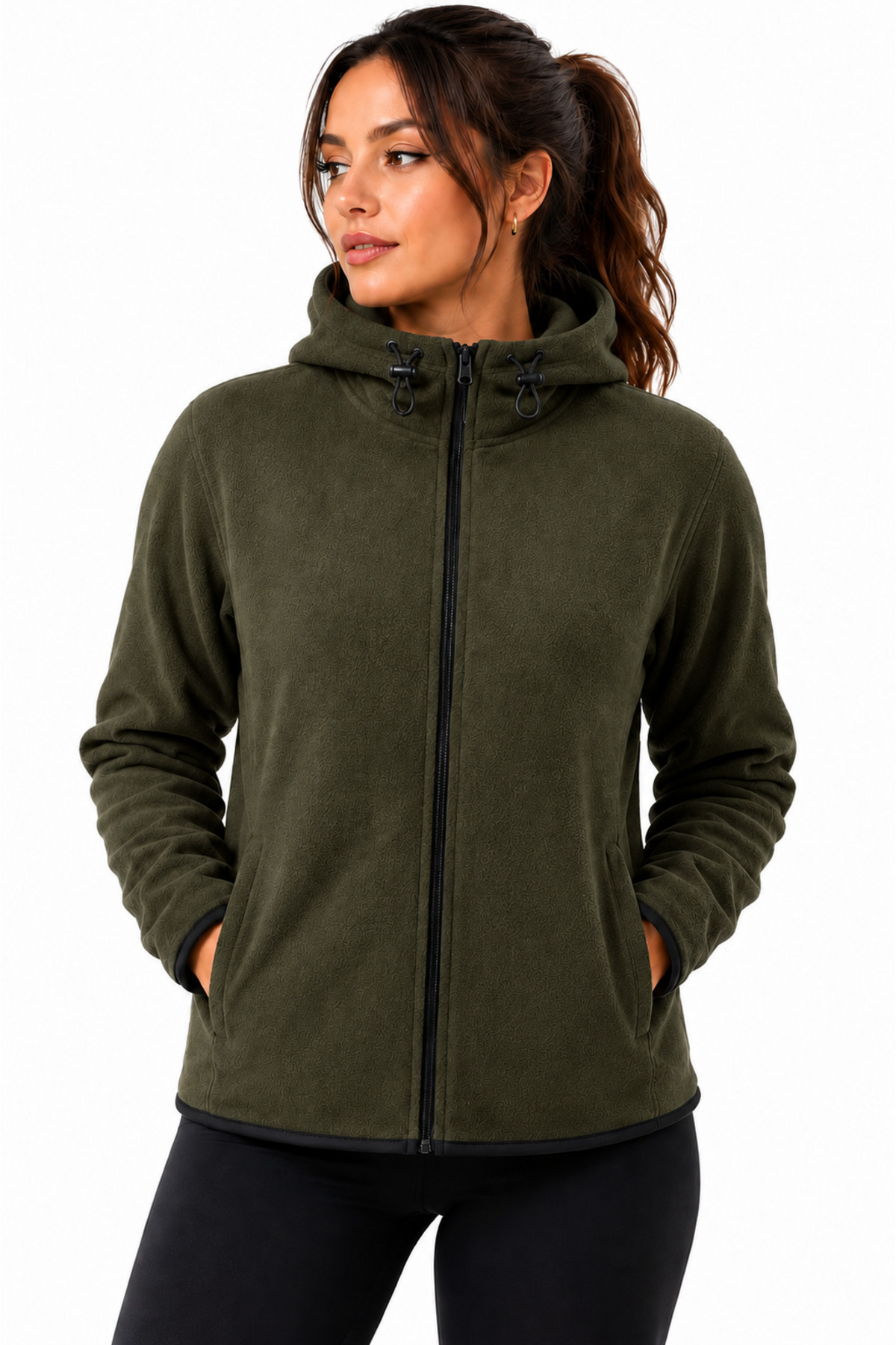 GHASSY CO Kadın Haki Kapşonlu Fermuarlı Polar Sweatshirt