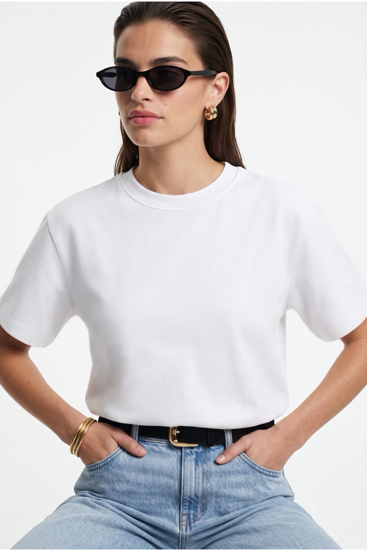 Ritnice Kadın Rise Dekoratif Yaka Tok Doku %100 Pamuk Beyaz T-Shirt