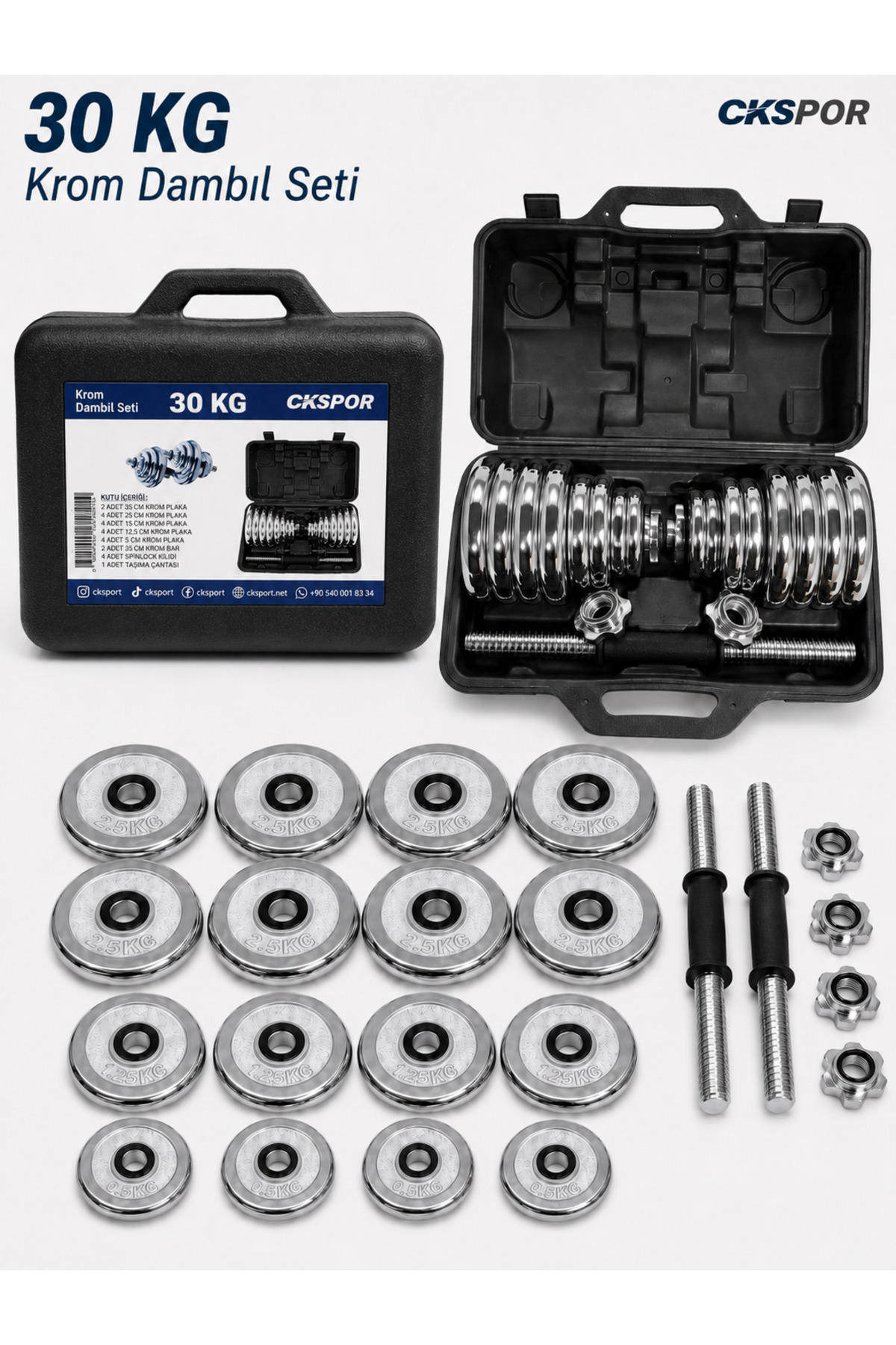 CKSpor 30 Kg Krom Dumbell Seti Çantalı Döküm Plaka Dambıl Seti