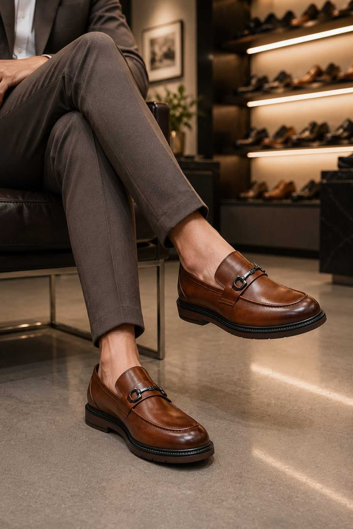 KİNGLE Erkek Günlük & Klasik Metal Aksesuarlı Loafer Ayakkabı, Taba Kahve 1147