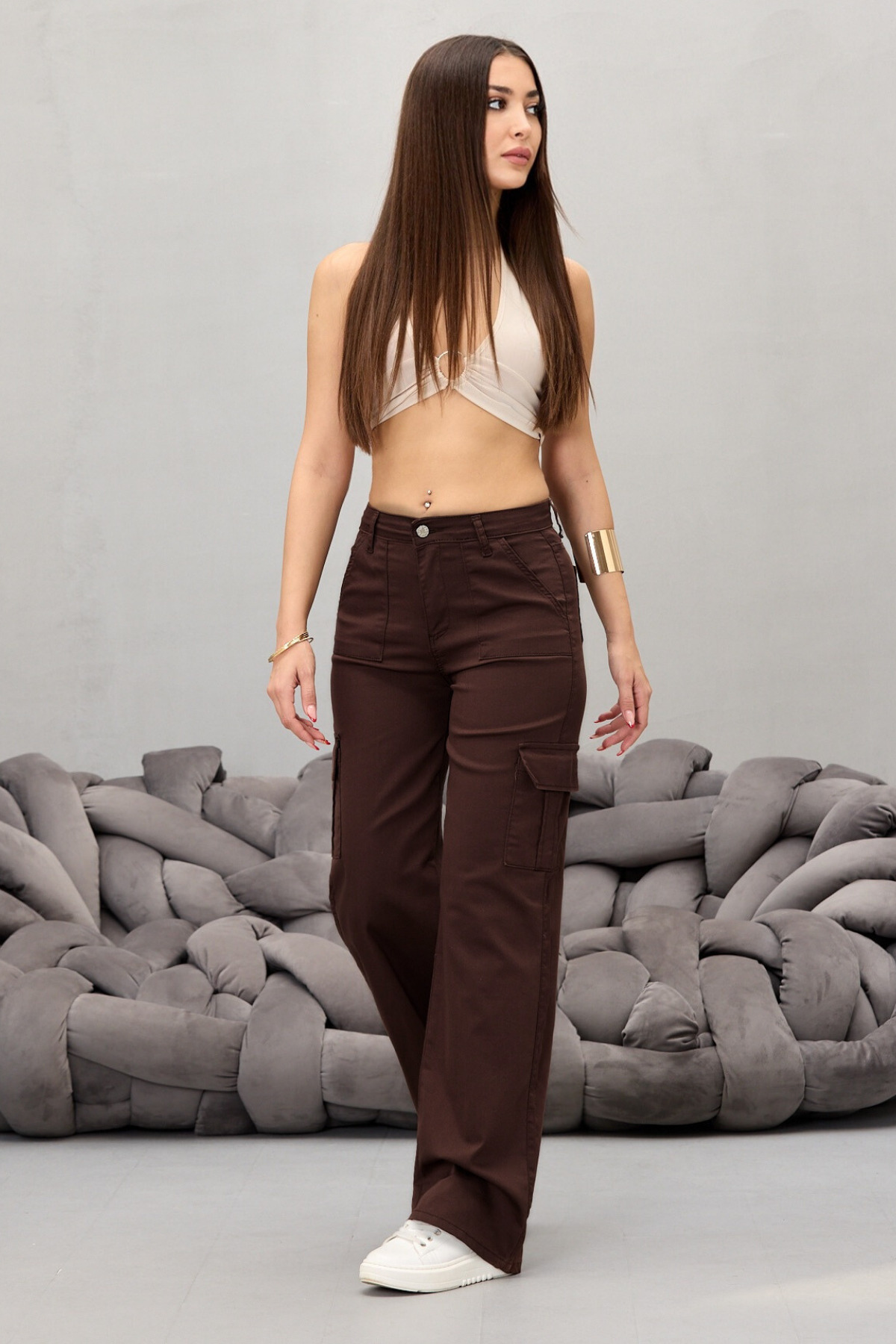 Kahve Kargo Cepli Likralı Yüksek Bel Wide Leg Pantolon 6