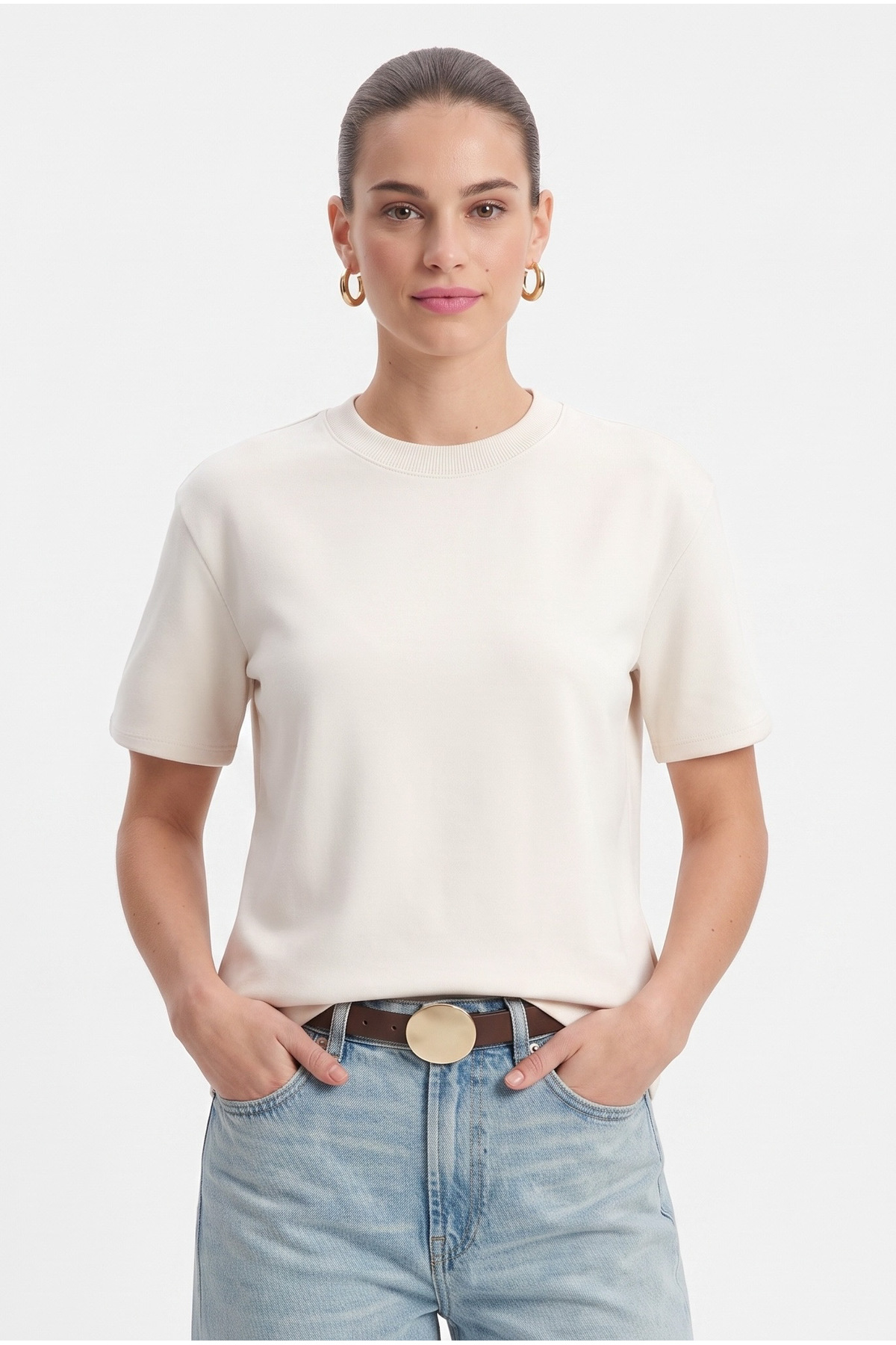 Ritnice Kadın Rise Dekoratif Yaka Tok Doku %100 Pamuk Açık Bej T-Shirt görsel 2